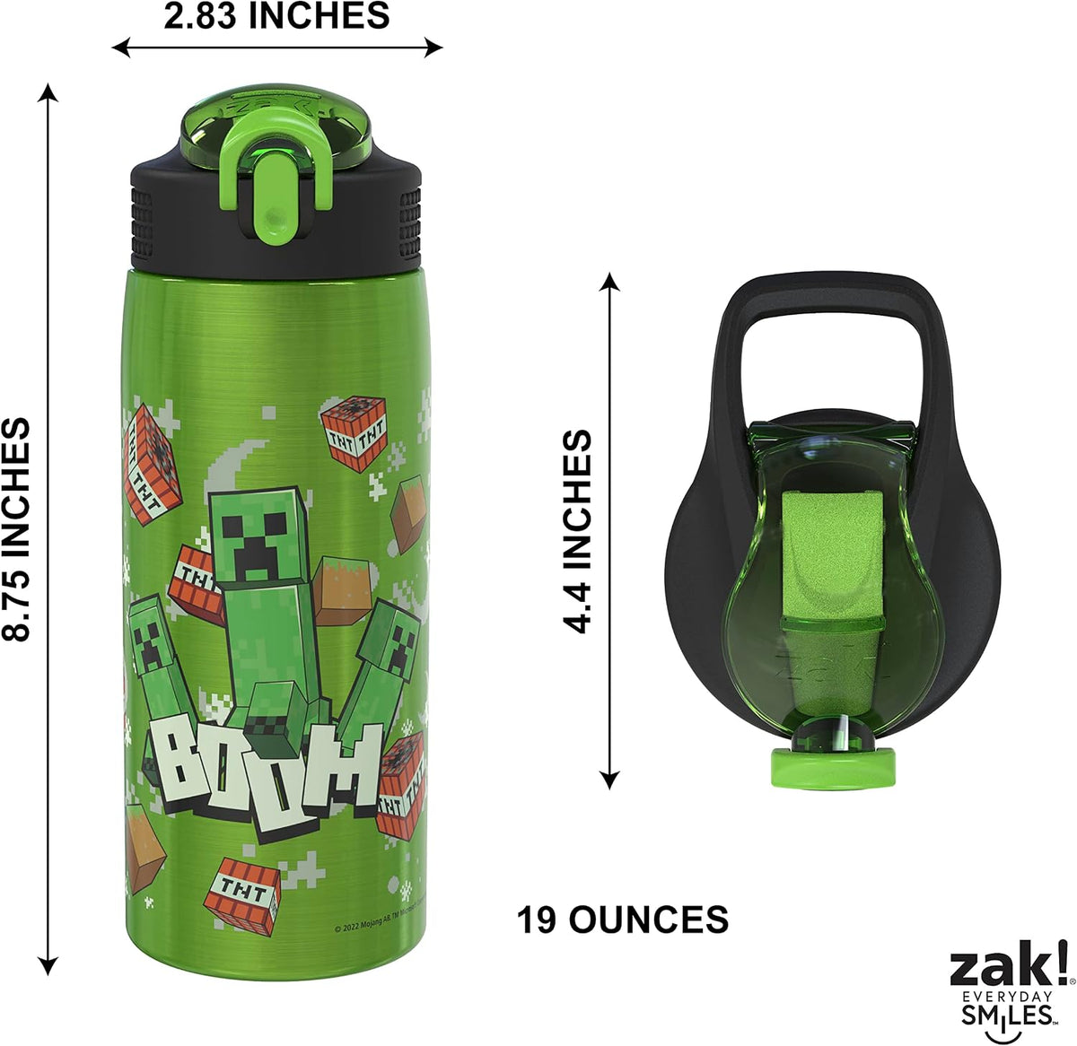 Zak Designs Minecraft Water Bottle for Travel and At Home, 19 oz Vacuum Insulated Stainless Steel with Locking Spout Cover, Built-In Carrying Loop, Leak-Proof Design (Creeper)