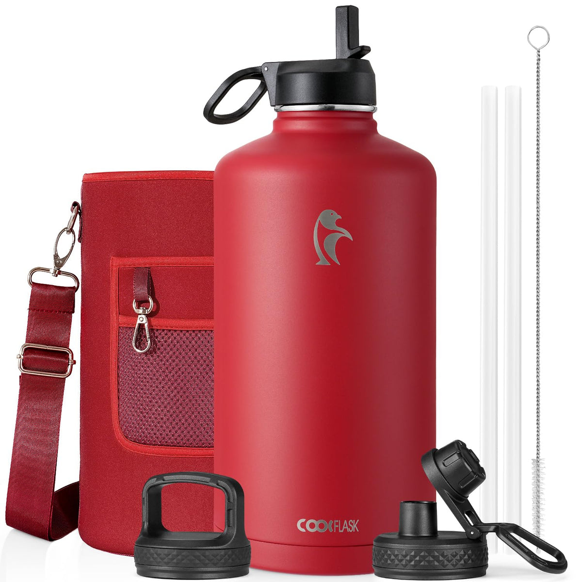 Coolflask 40 oz Water Bottle Insulated with Straw & 3 Leakproof Lids