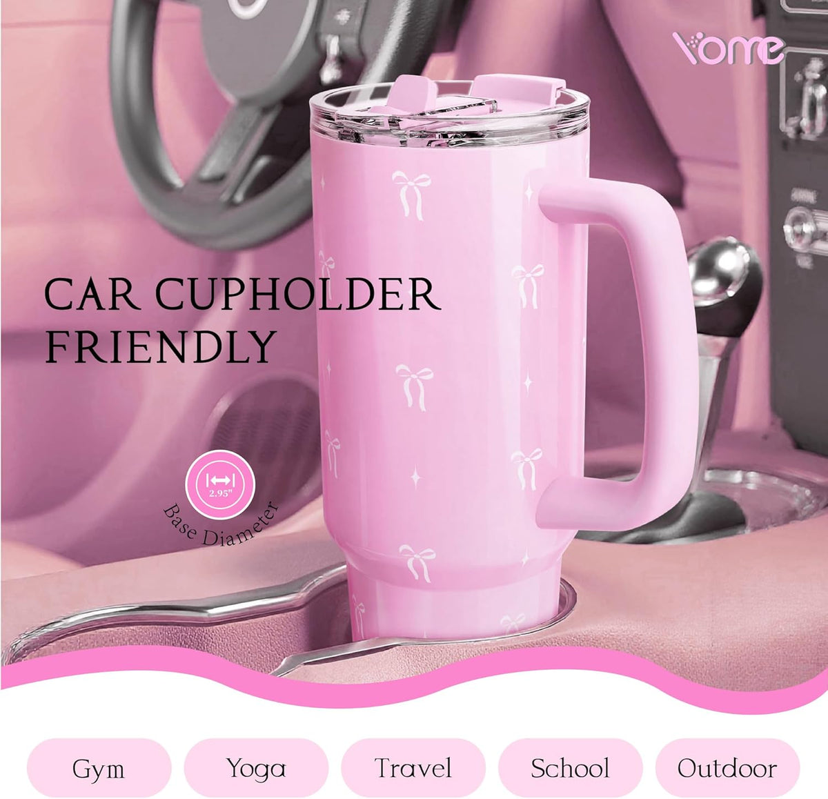 YOME 40 oz Bow Pink Tumbler with Handle and Flip Straw for Women | Stainless Steel Insulated Water Bottle | Keeps Drinks Cold | Dishwasher Safe | Cupholder Friendly | Gift Gym Travel Yoga