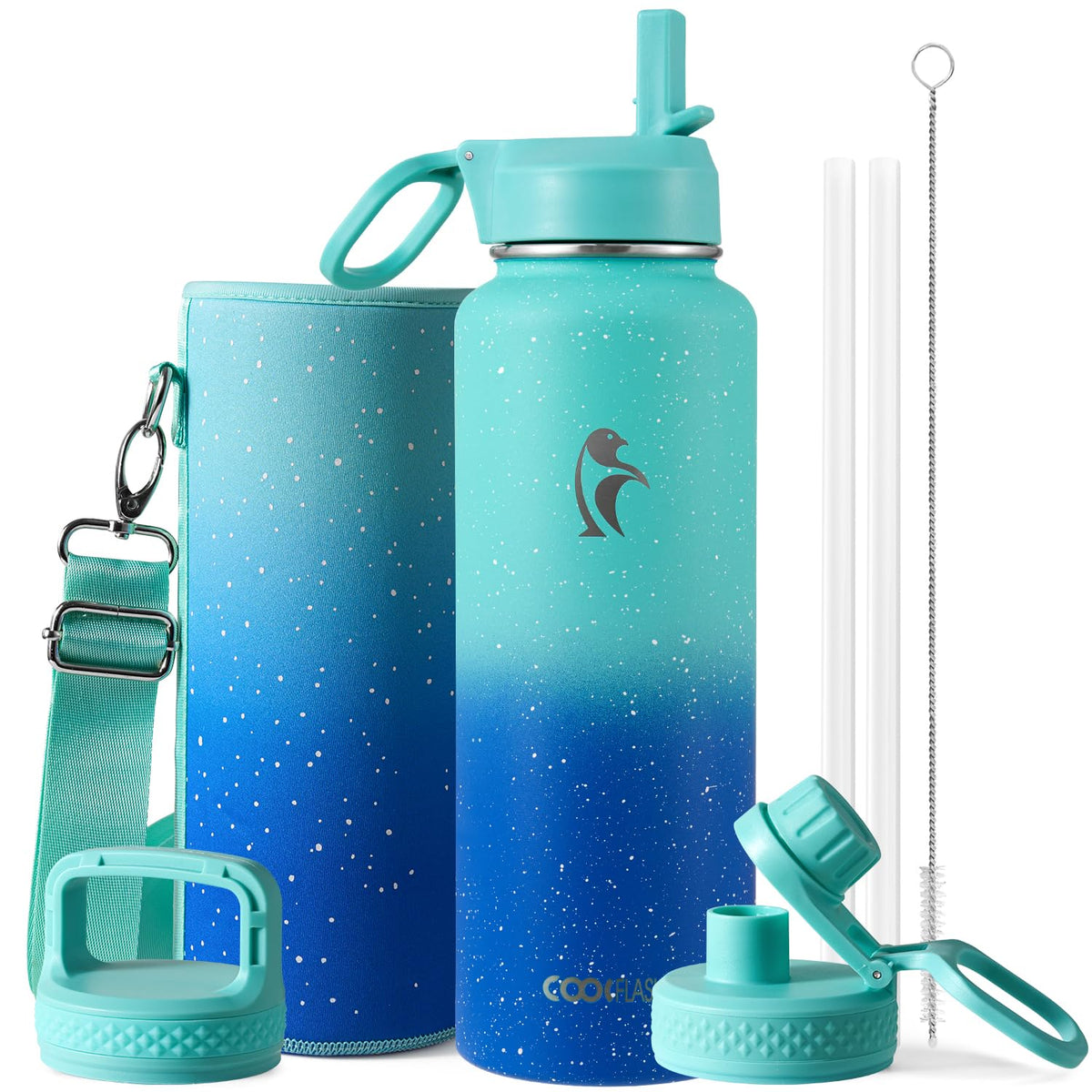 Coolflask 40 oz Water Bottle Insulated with Straw & 3 Leakproof Lids