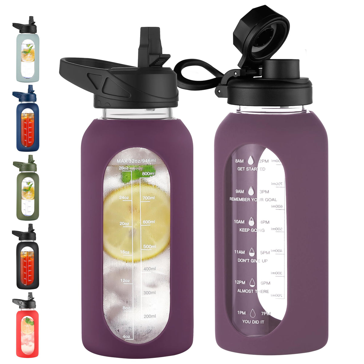 CIVAGO 64 oz Glass Water Bottle with Straw, Half Gallon Large Water Jug