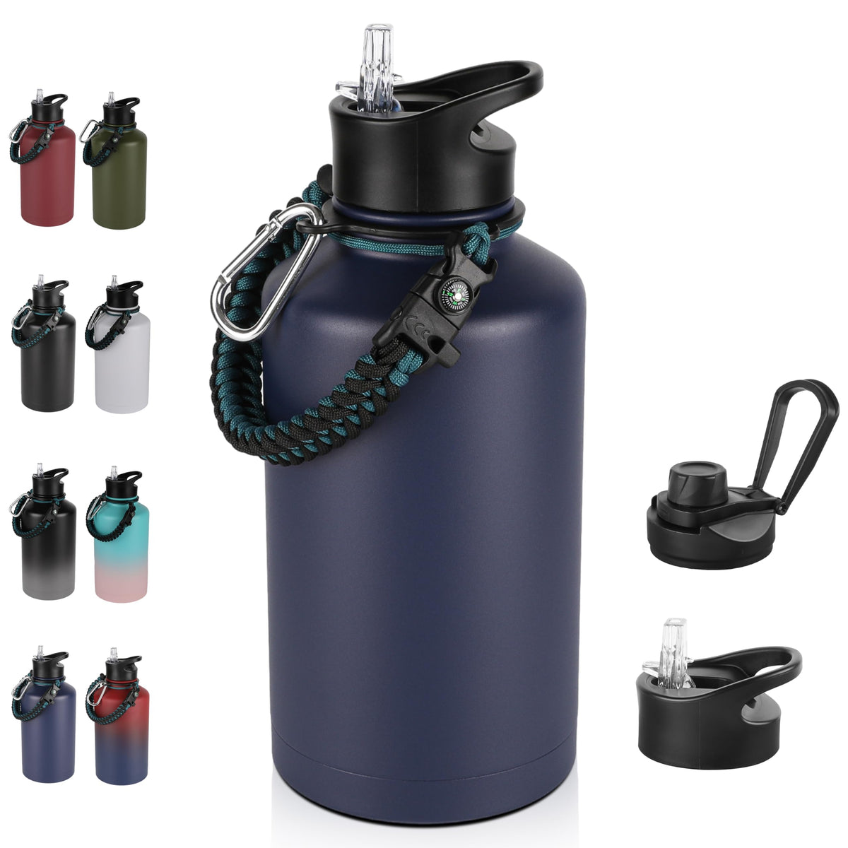 40 oz Insulated Water Bottle with Straw, Stainless Steel Sports Water Bottles with 2 Lids (Straw and Wide Mouth lid), Double Wall Vacuum, Leakproof, BPA-Free, Black