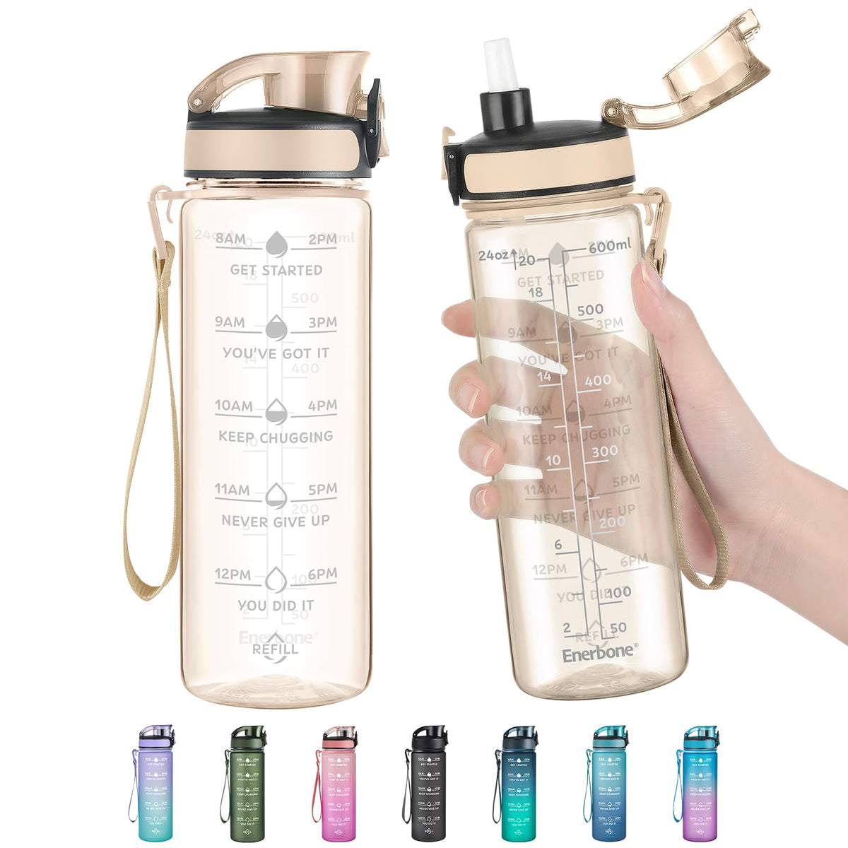 Enerbone Water Bottle, Leakproof BPA & Toxic Free, Motivational Water Bottle with Times to Drink and Straw, Fitness Sports Water Bottle with Strap for Office, Gym, Outdoor Sports
