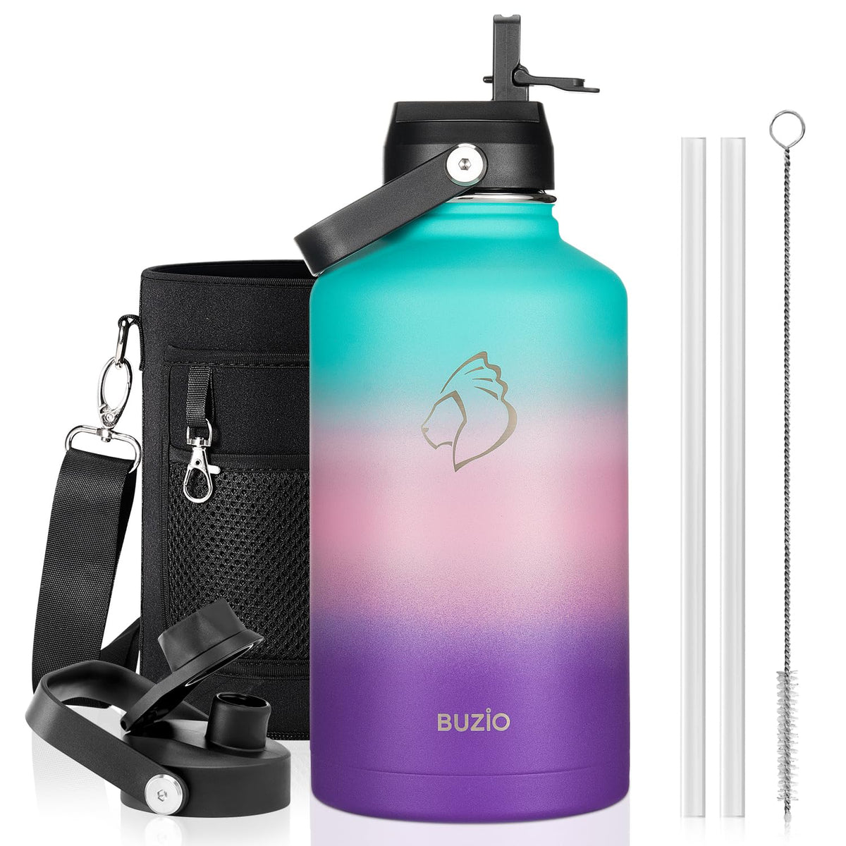 BUZIO 64 oz Insulated Stainless Steel Water Bottle with Dust-proof Lids