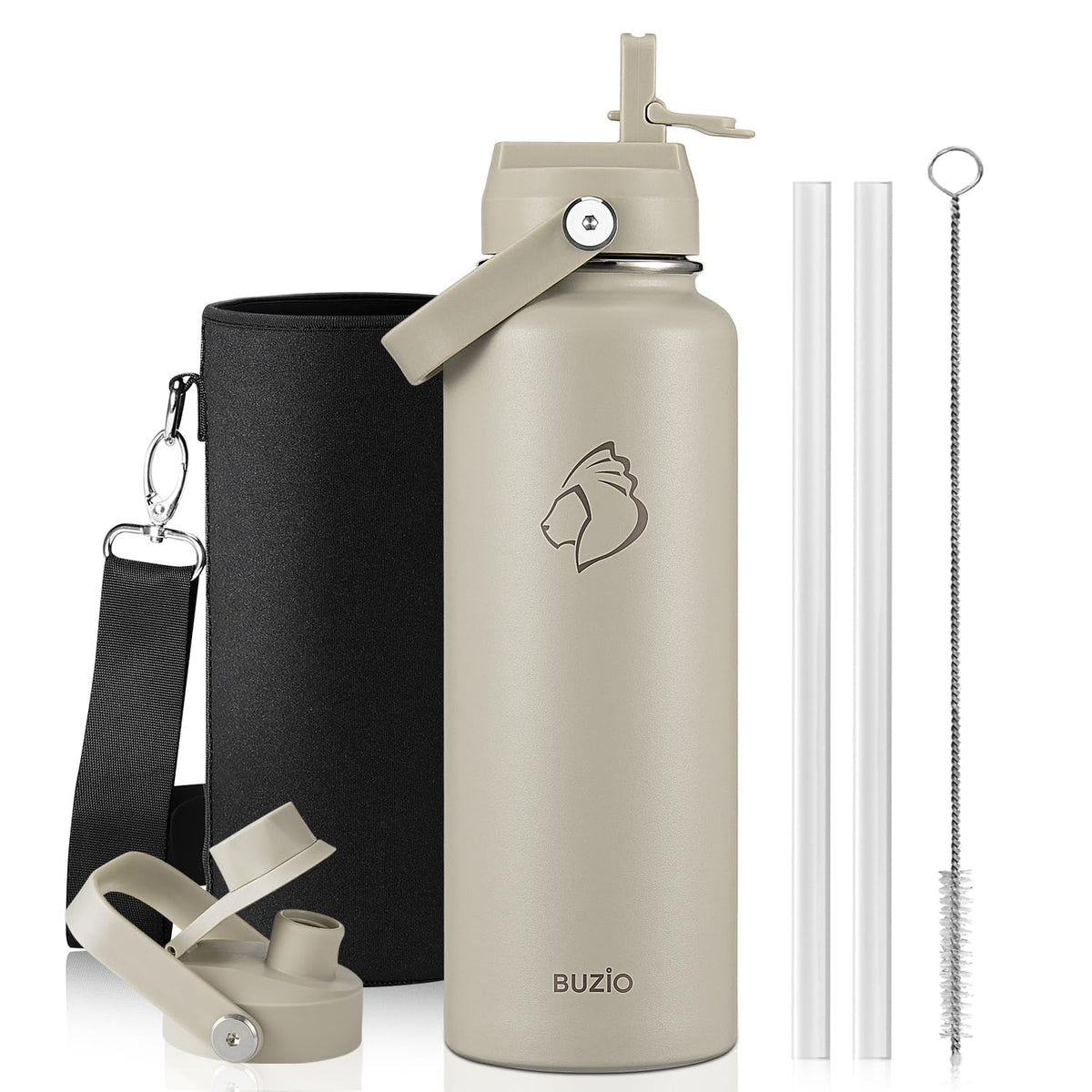 BUZIO 64 oz Insulated Stainless Steel Water Bottle with Dust-proof Lids