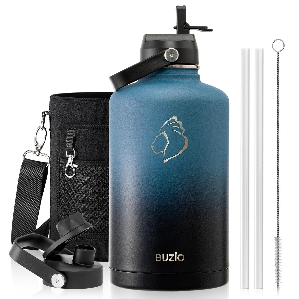 BUZIO 64 oz Insulated Stainless Steel Water Bottle with Dust-proof Lids