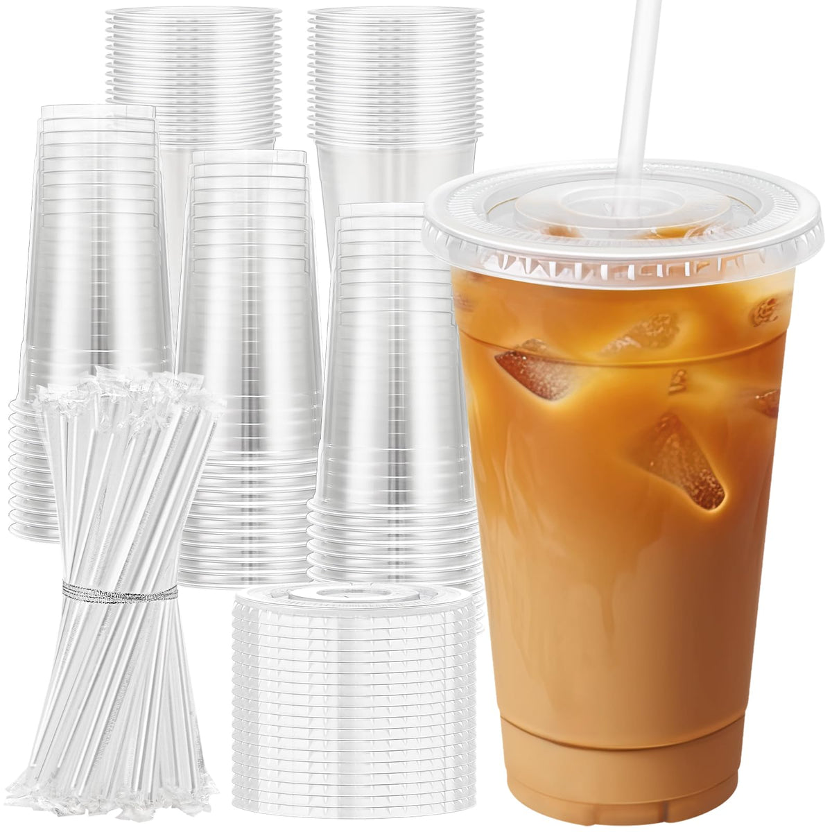 Lamosi 100 Pack 20 oz Plastic Coffee Cups with Lids, Disposable Clear Cups