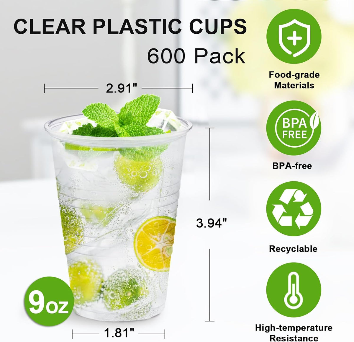 SIUQ 600 Pack 9 oz Plastic Cups, Clear Disposable Plastic Water Cups Bulk