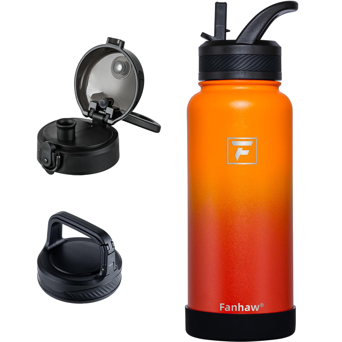 Fanhaw 32 oz Insulated Water Bottle – Portable Stainless Steel Flask with 3 Lids (Straw, Chug, Carabiner) | Leakproof, for Gym, Hiking, Work, Travel & Everyday Use (Black)
