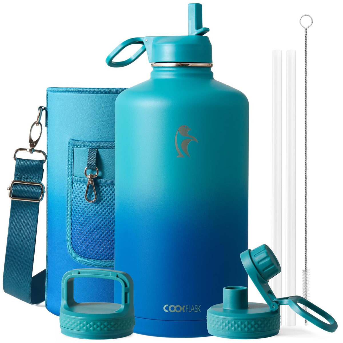 Coolflask Half Gallon Water Bottle Insulated with Straw & 3 Leakproof Lids