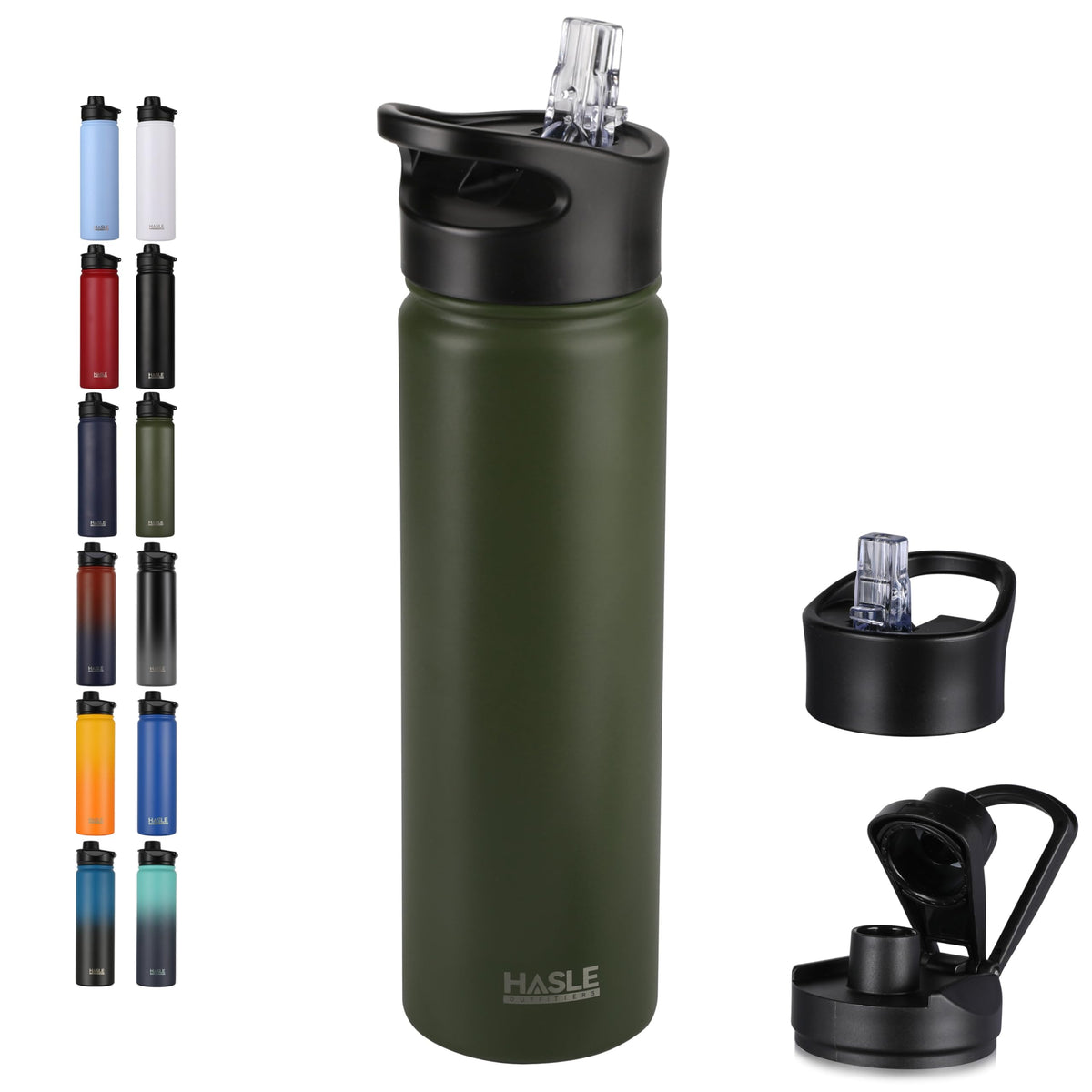HASLE OUTFITTERS 32 oz Insulated Water Bottle Stainless Steel Double Walled Vacuum Sports Water Bottle with 2 Lids (Straw and Spout Lid) for Gym Camping Hiking(Black,1)