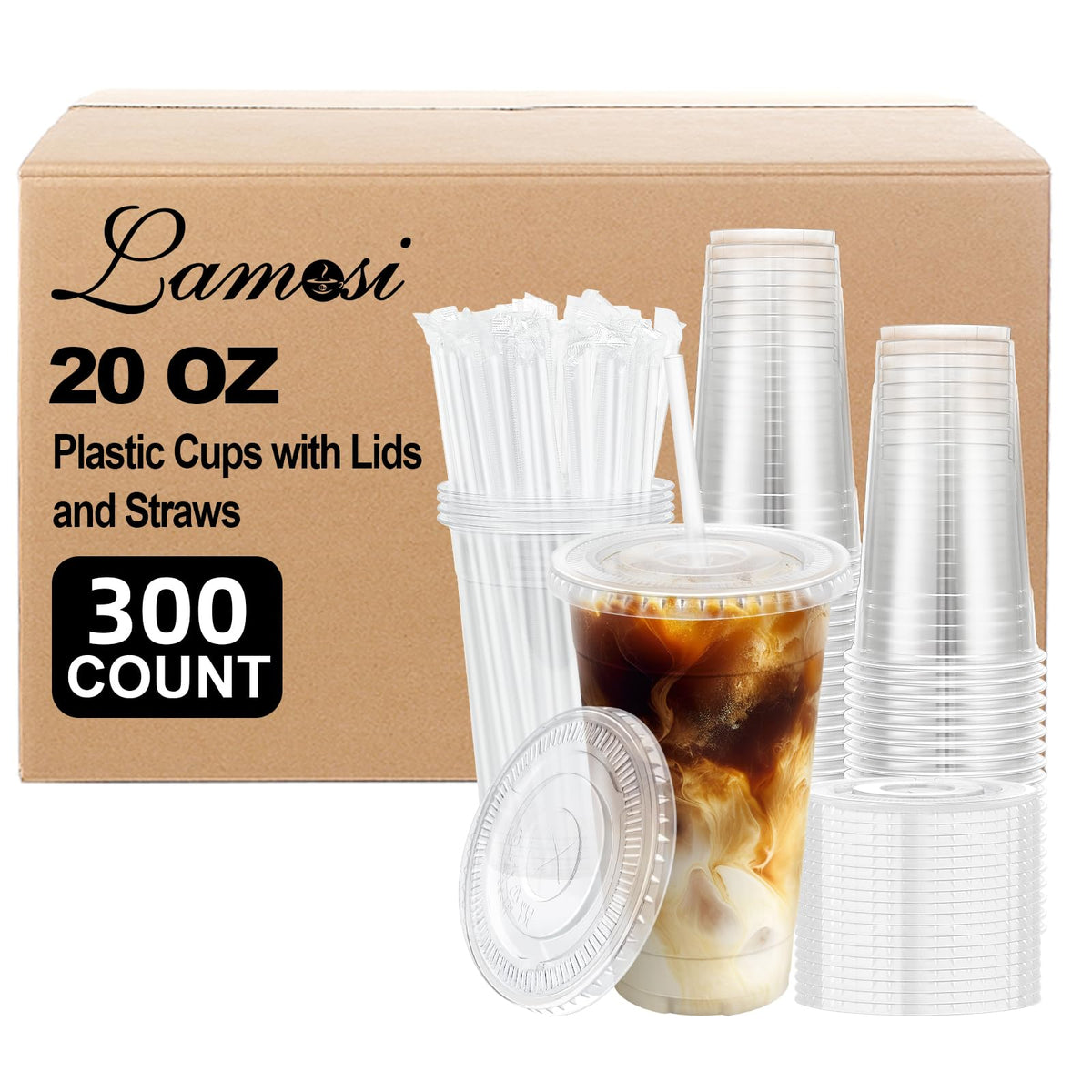 Lamosi 100 Pack 20 oz Plastic Coffee Cups with Lids, Disposable Clear Cups