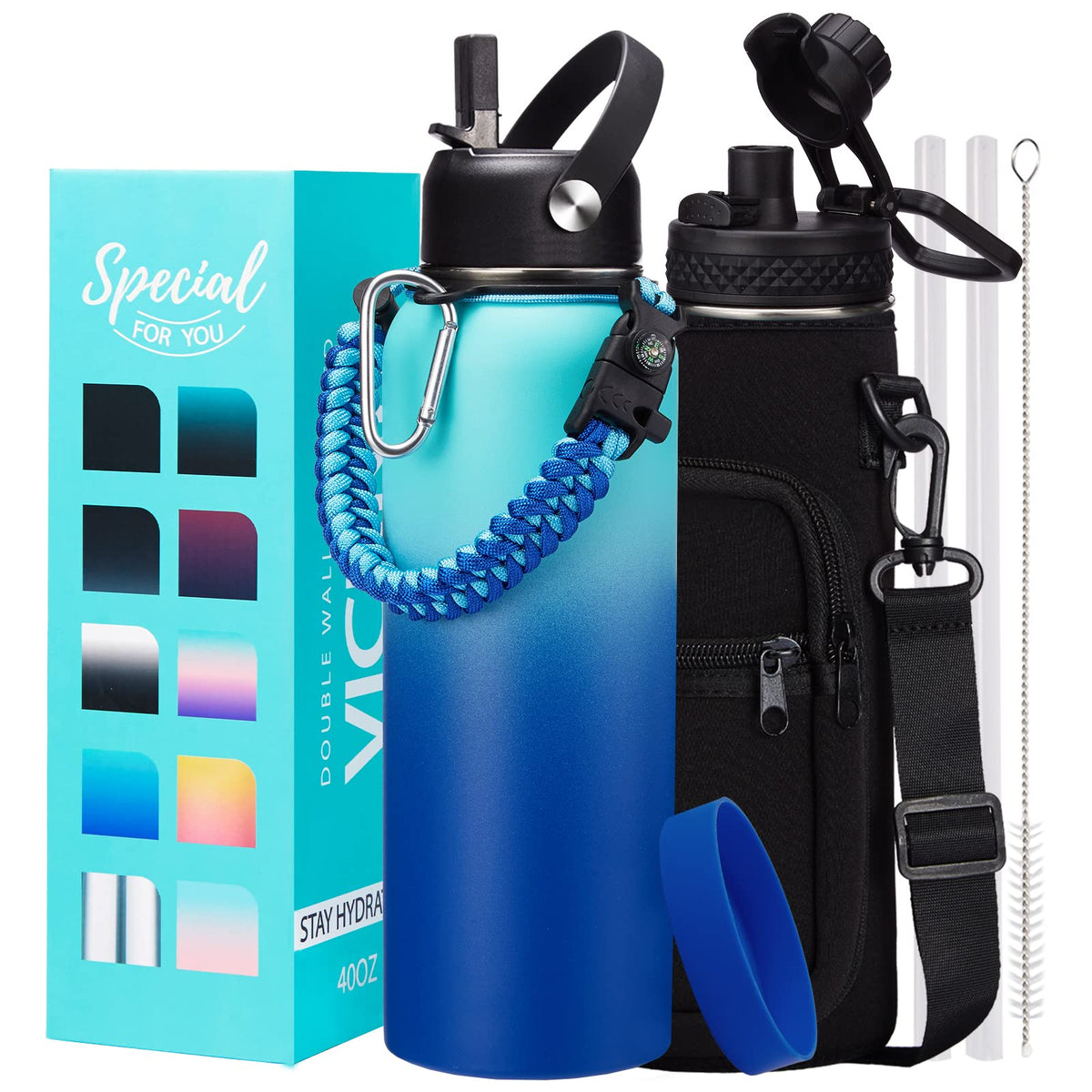32/40/64OZ Insulated Water Bottle - Keep Cold 48H Hot 24H, Combo Straw/Spout Lids, Paracord Handle for Gym/Hiking, Carrier Bag +Strap, Cup Mat, BPA-Free Stainless Steel Flask Jug