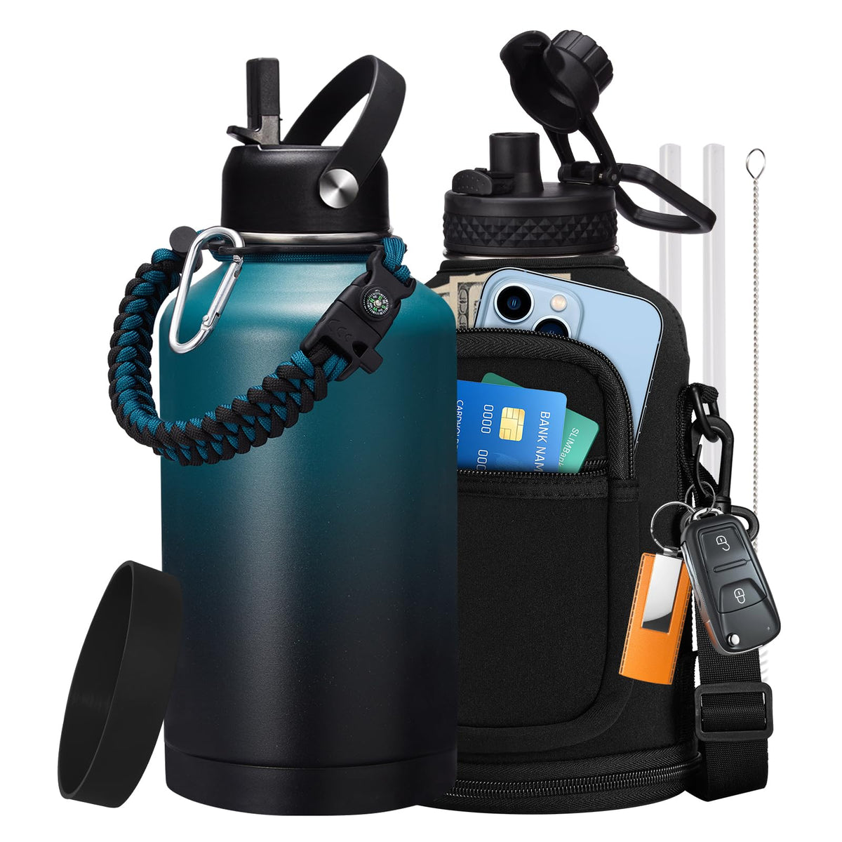 32/40/64OZ Insulated Water Bottle - Keep Cold 48H Hot 24H, Combo Straw/Spout Lids, Paracord Handle for Gym/Hiking, Carrier Bag +Strap, Cup Mat, BPA-Free Stainless Steel Flask Jug