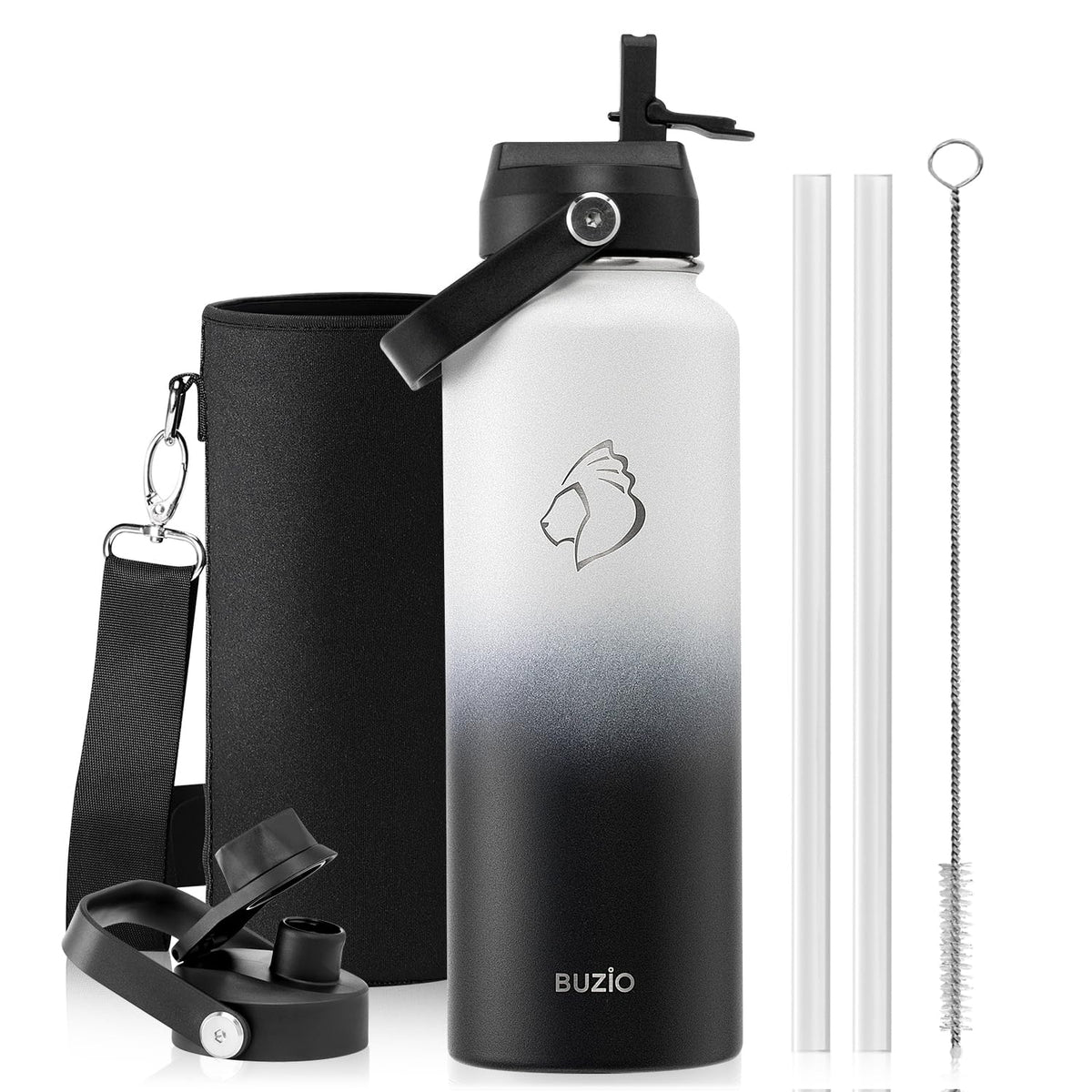 BUZIO 64 oz Insulated Stainless Steel Water Bottle with Dust-proof Lids