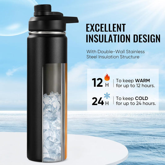 Fijinhom Insulated Water Bottle with Handle, 304 Stainless Steel Water Bottles with Wide Mouth, Double Wall Vacuum Sports Water Bottle, BPA Free, Keep Cold and Hot, 24 Ounces, Black