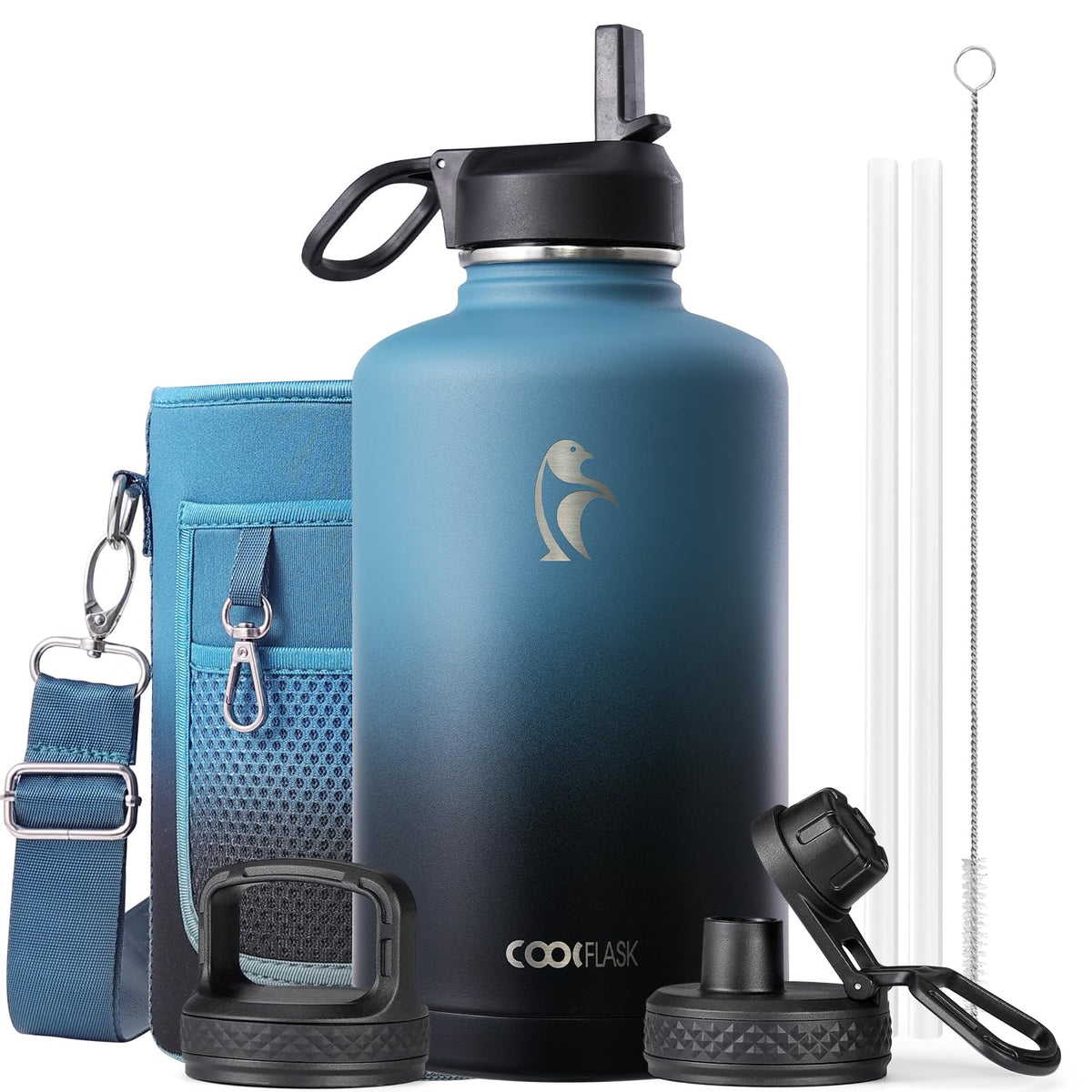 Coolflask 40 oz Water Bottle Insulated with Straw & 3 Leakproof Lids