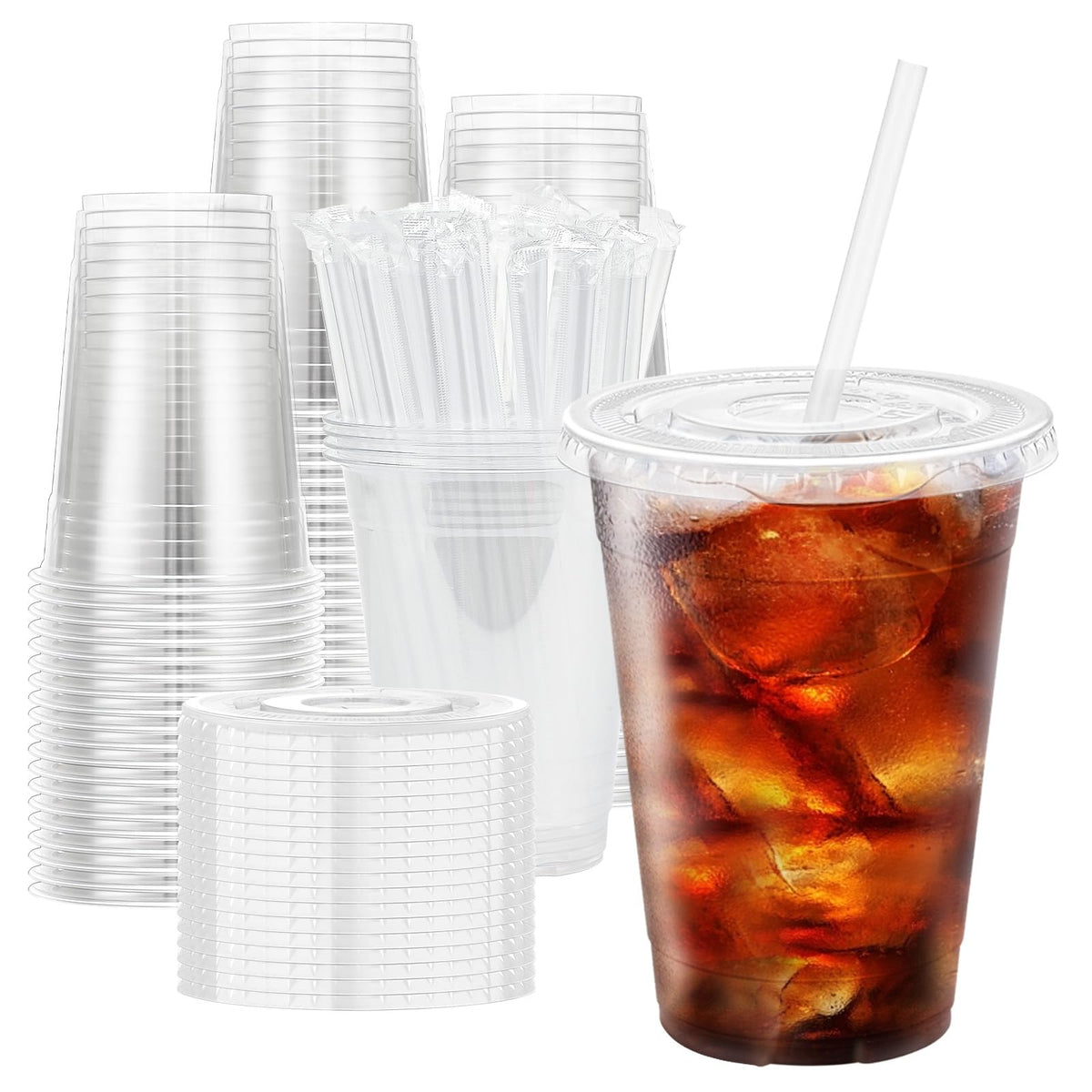Clawsoff 100 Pack 16 oz Disposable Clear Plastic Cups with Lids and Straws