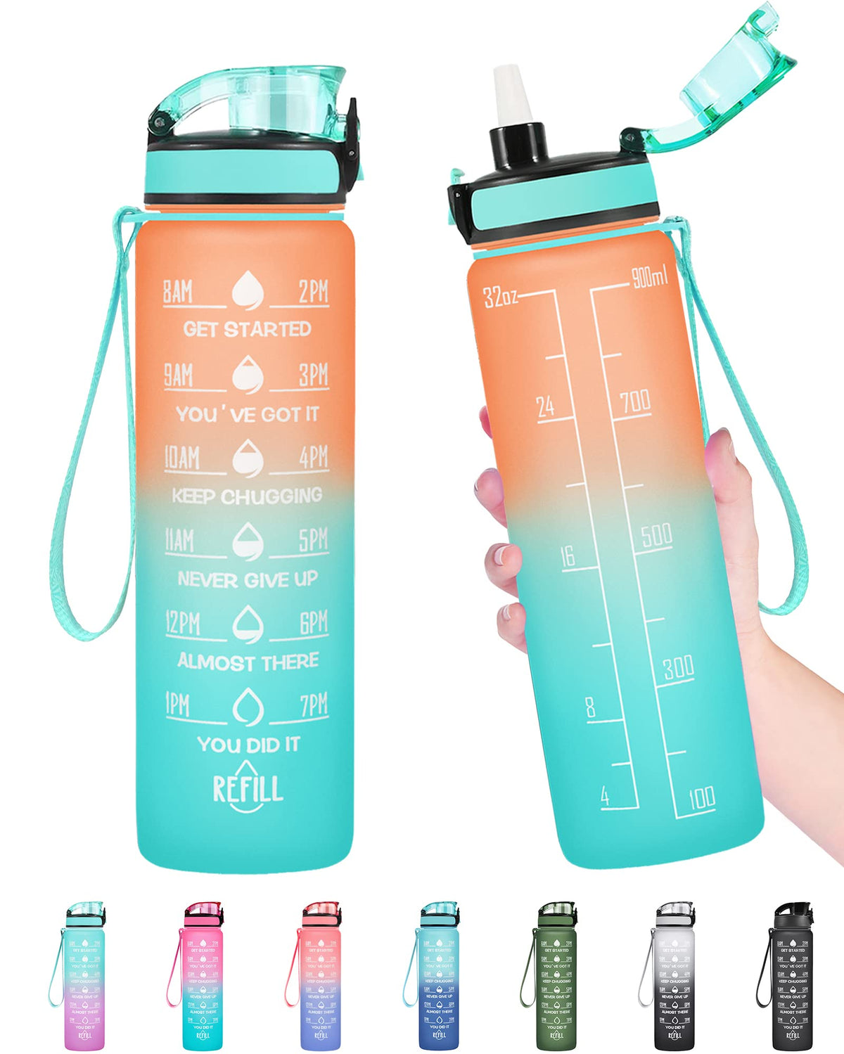 Enerbone Water Bottle, Leakproof BPA & Toxic Free, Motivational Water Bottle with Times to Drink and Straw, Fitness Sports Water Bottle with Strap for Office, Gym, Outdoor Sports