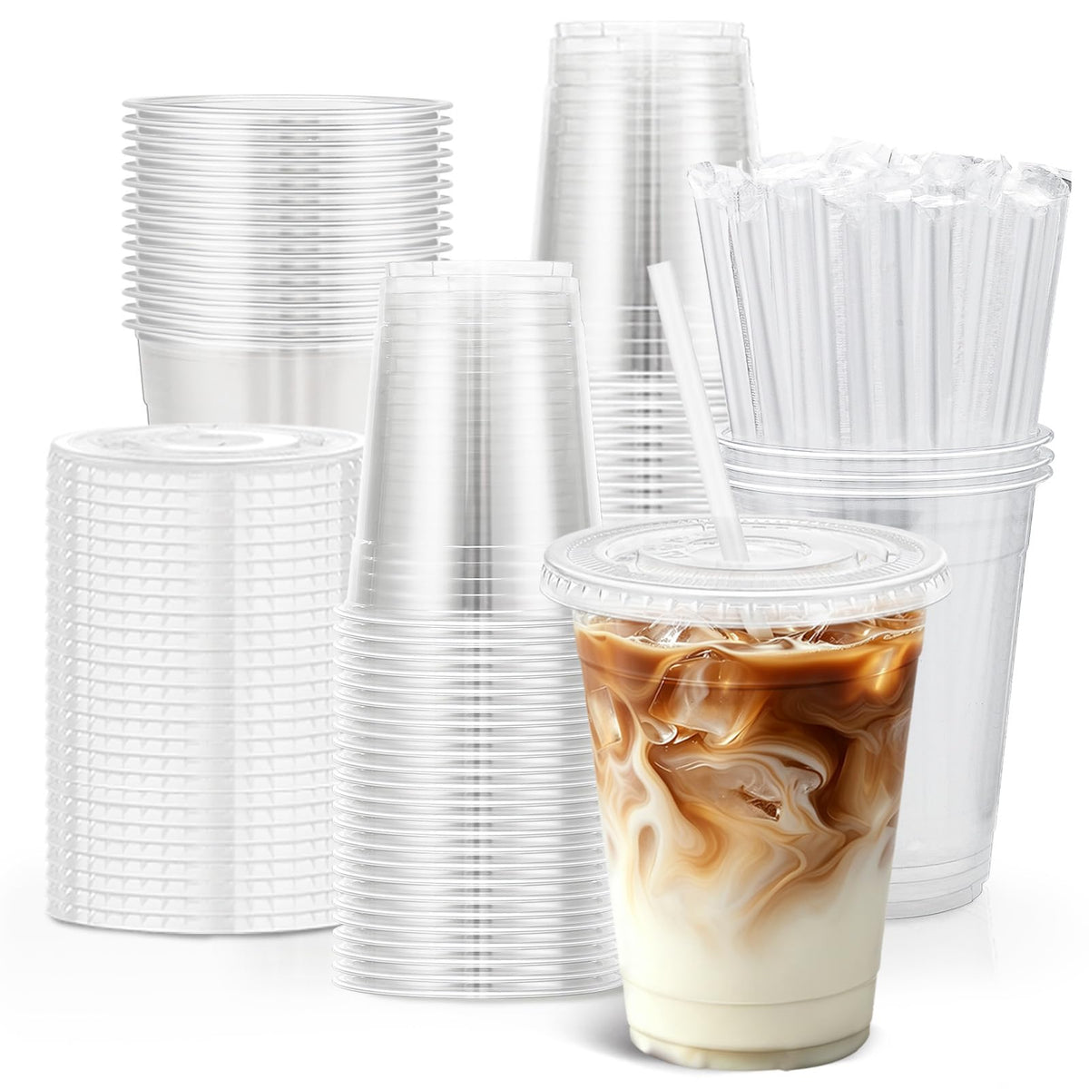Clawsoff 100 Pack 16 oz Disposable Clear Plastic Cups with Lids and Straws