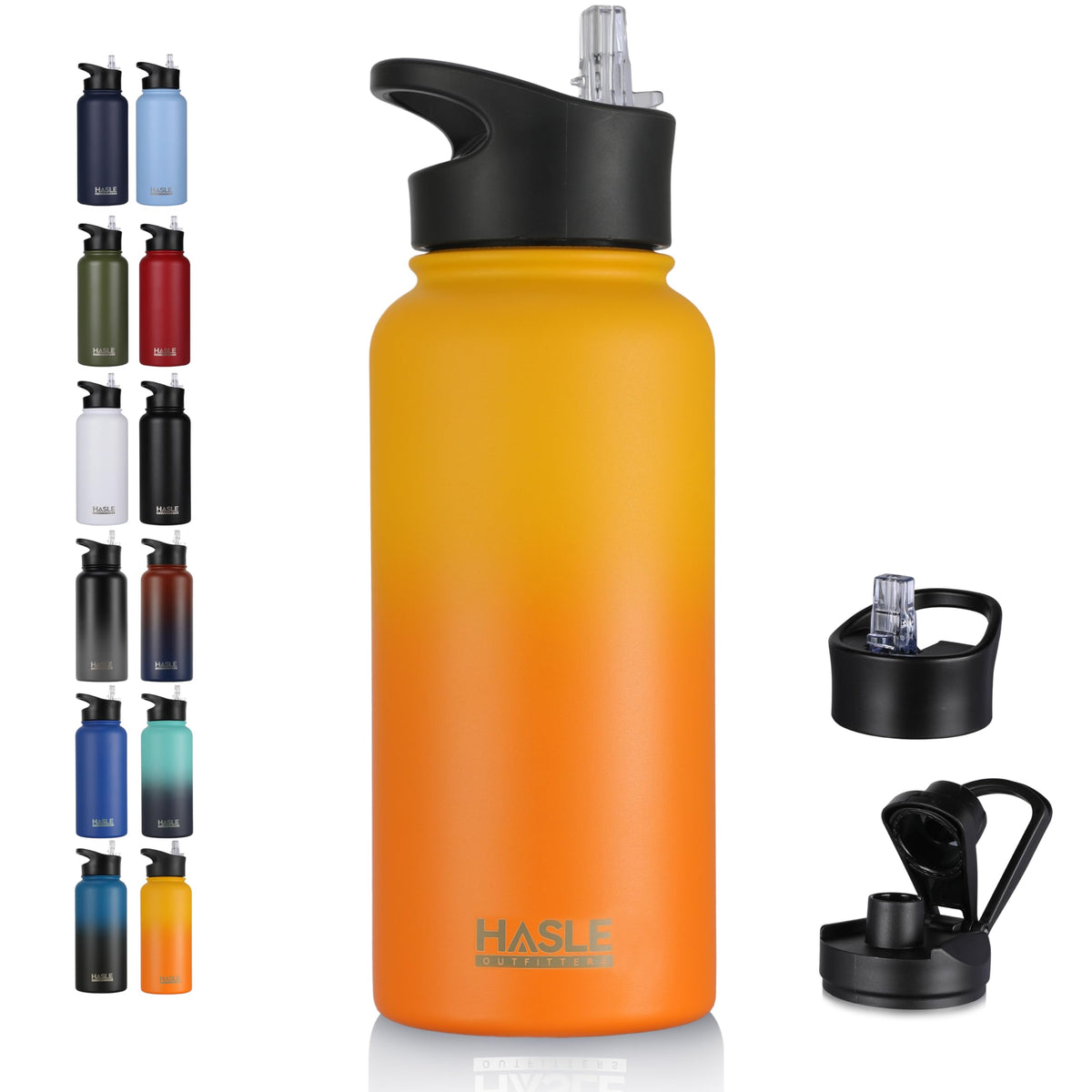 HASLE OUTFITTERS 32 oz Insulated Water Bottle Stainless Steel Double Walled Vacuum Sports Water Bottle with 2 Lids (Straw and Spout Lid) for Gym Camping Hiking(Black,1)
