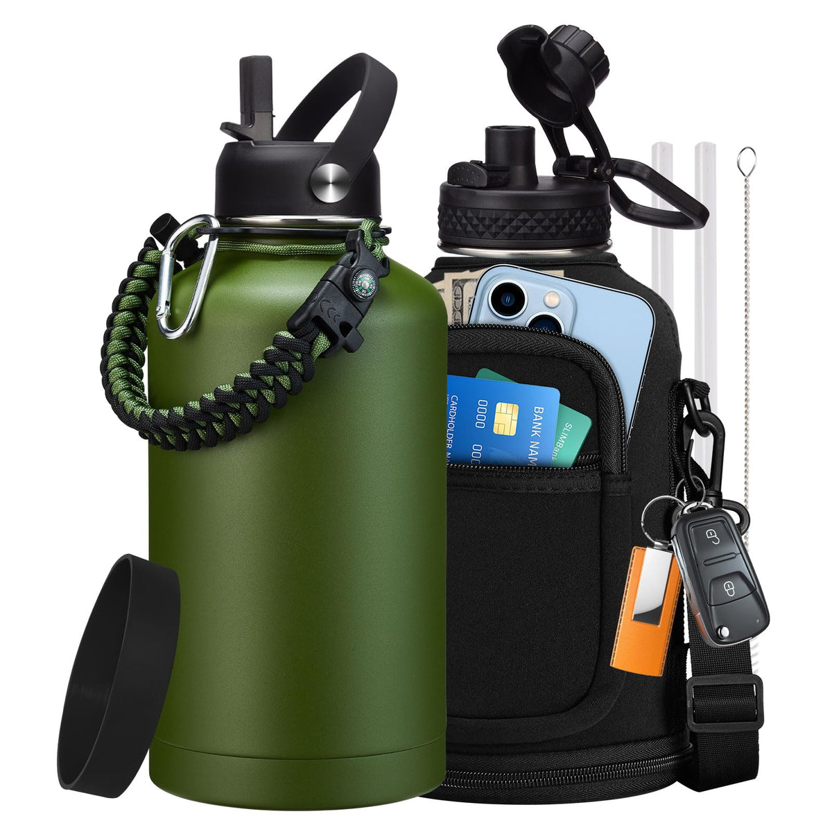 32/40/64OZ Insulated Water Bottle - Keep Cold 48H Hot 24H, Combo Straw/Spout Lids, Paracord Handle for Gym/Hiking, Carrier Bag +Strap, Cup Mat, BPA-Free Stainless Steel Flask Jug