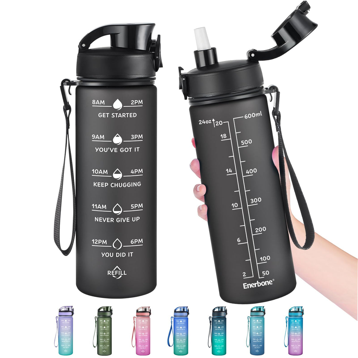 Enerbone Water Bottle, Leakproof BPA & Toxic Free, Motivational Water Bottle with Times to Drink and Straw, Fitness Sports Water Bottle with Strap for Office, Gym, Outdoor Sports