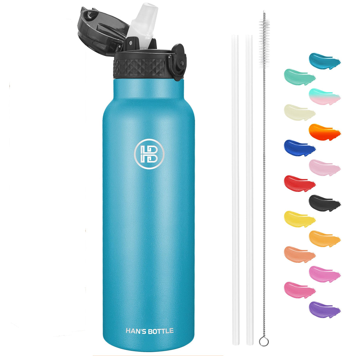 Han's Bottle Sports Water Bottle - 24 Oz, Straw Lid, Leak Proof, Vacuum Insulated Stainless Steel, Double Walled, Thermo Mug,Black