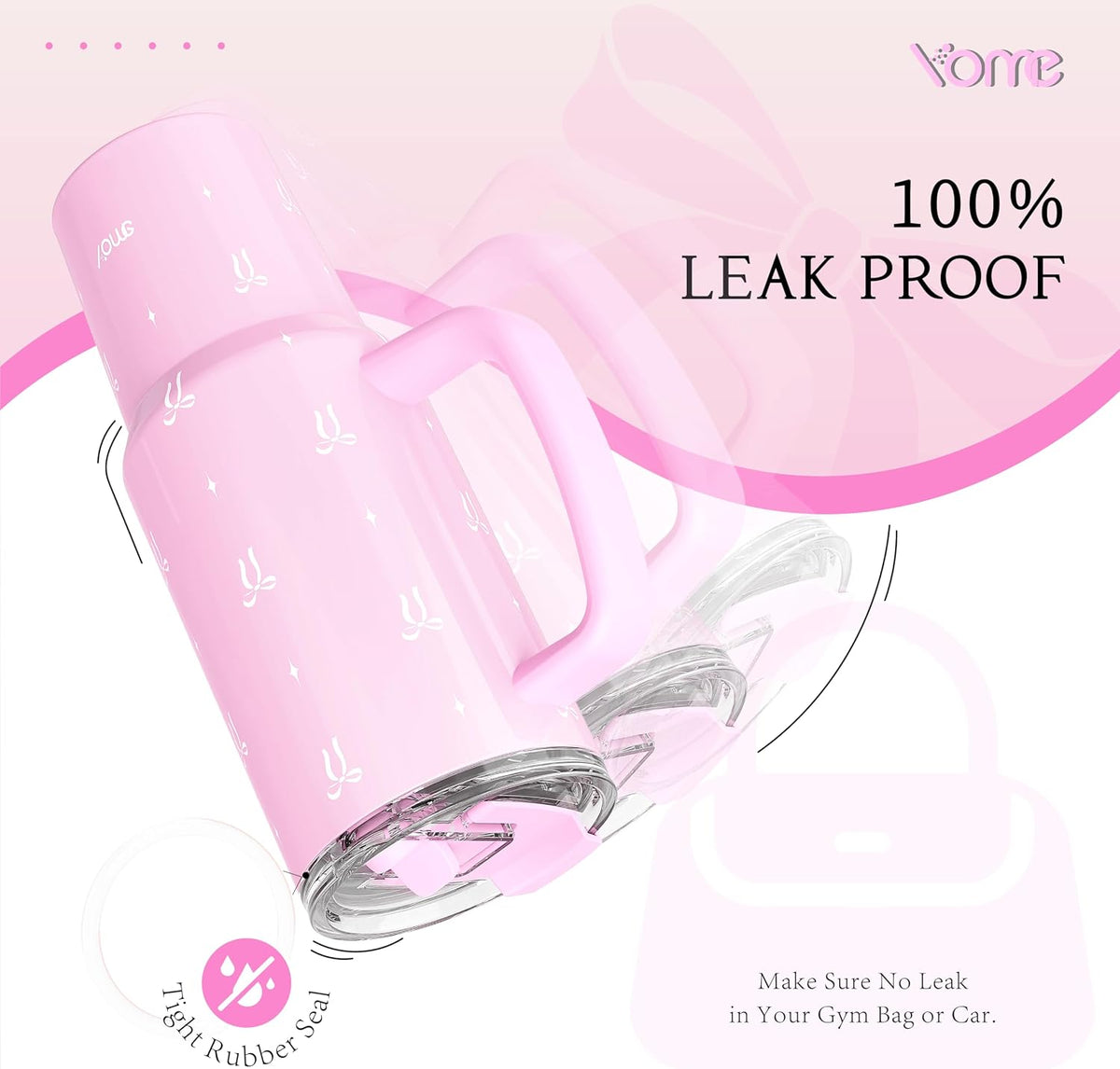 YOME 40 oz Bow Pink Tumbler with Handle and Flip Straw for Women | Stainless Steel Insulated Water Bottle | Keeps Drinks Cold | Dishwasher Safe | Cupholder Friendly | Gift Gym Travel Yoga