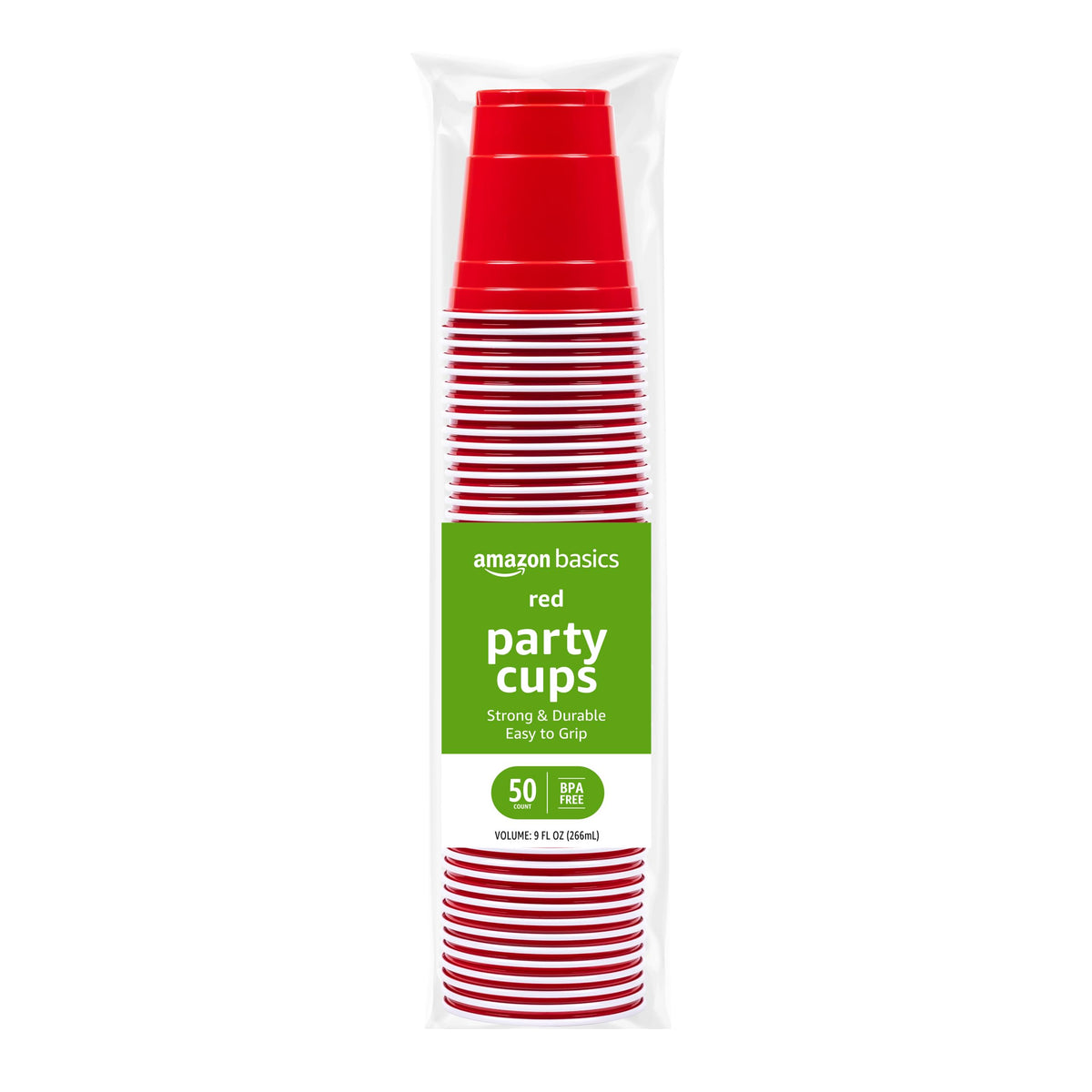 Amazon Basics Disposable Plastic Party Cups, Red, 18oz, 50 Count, Packaging May Vary