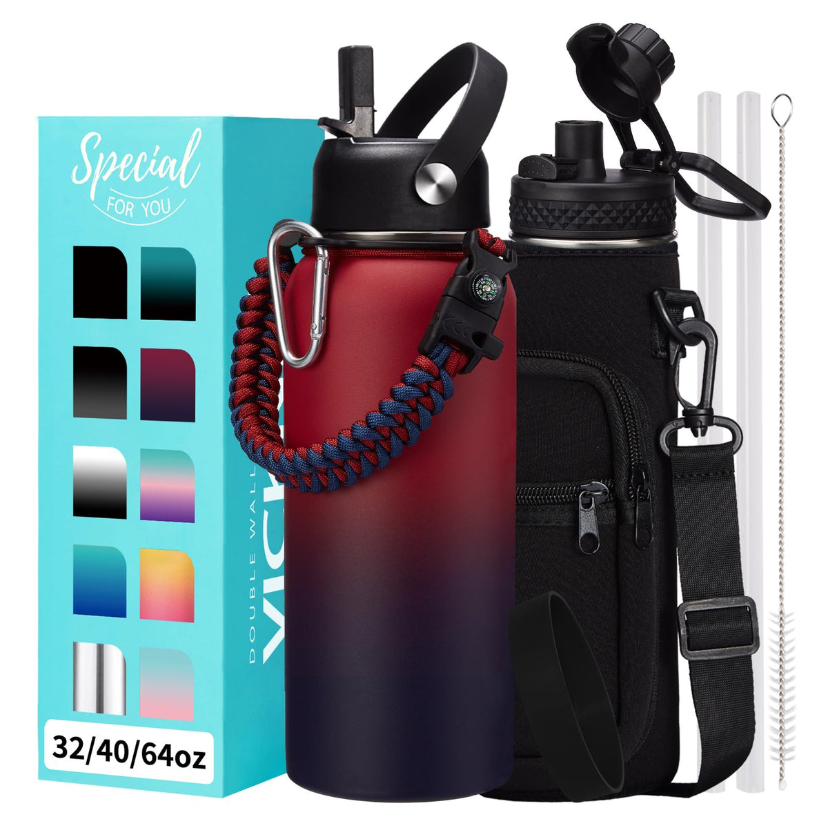 32/40/64OZ Insulated Water Bottle - Keep Cold 48H Hot 24H, Combo Straw/Spout Lids, Paracord Handle for Gym/Hiking, Carrier Bag +Strap, Cup Mat, BPA-Free Stainless Steel Flask Jug