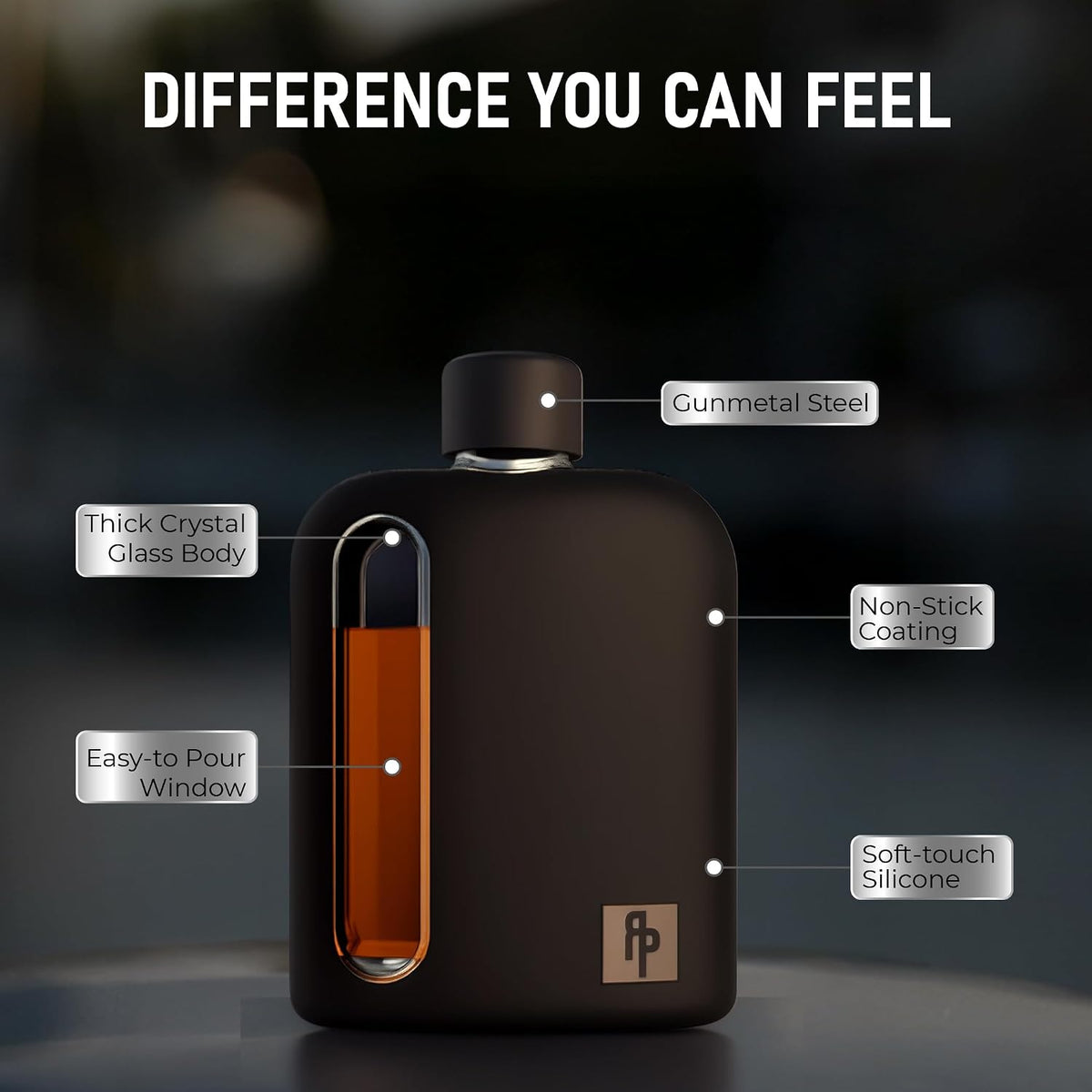 Ragproper Glass Hip Flask for Men – Modern Whiskey & Liquor Pocket Flask with Cork & Silicone Lid Liners, Durable Silicone Covered, Firm Grip – Single Shot 3.4oz (100ml) Black