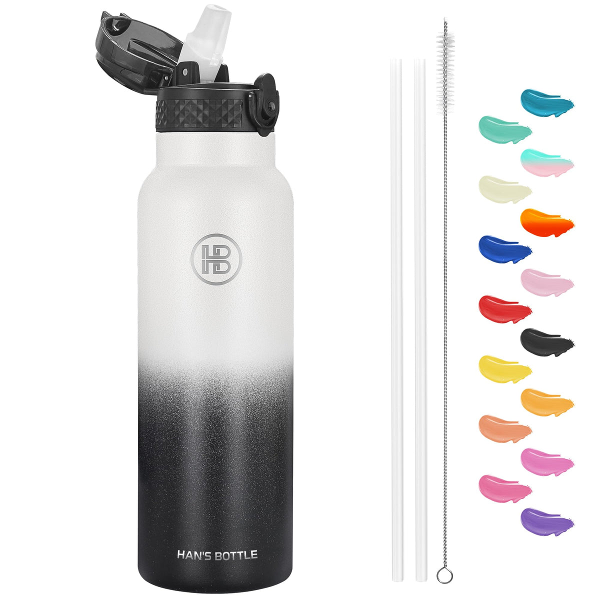 Han's Bottle Sports Water Bottle - 24 Oz, Straw Lid, Leak Proof, Vacuum Insulated Stainless Steel, Double Walled, Thermo Mug,Black