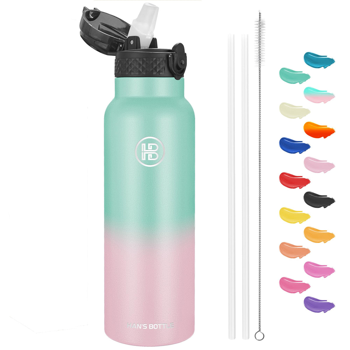 Han's Bottle Sports Water Bottle - 24 Oz, Straw Lid, Leak Proof, Vacuum Insulated Stainless Steel, Double Walled, Thermo Mug,Black