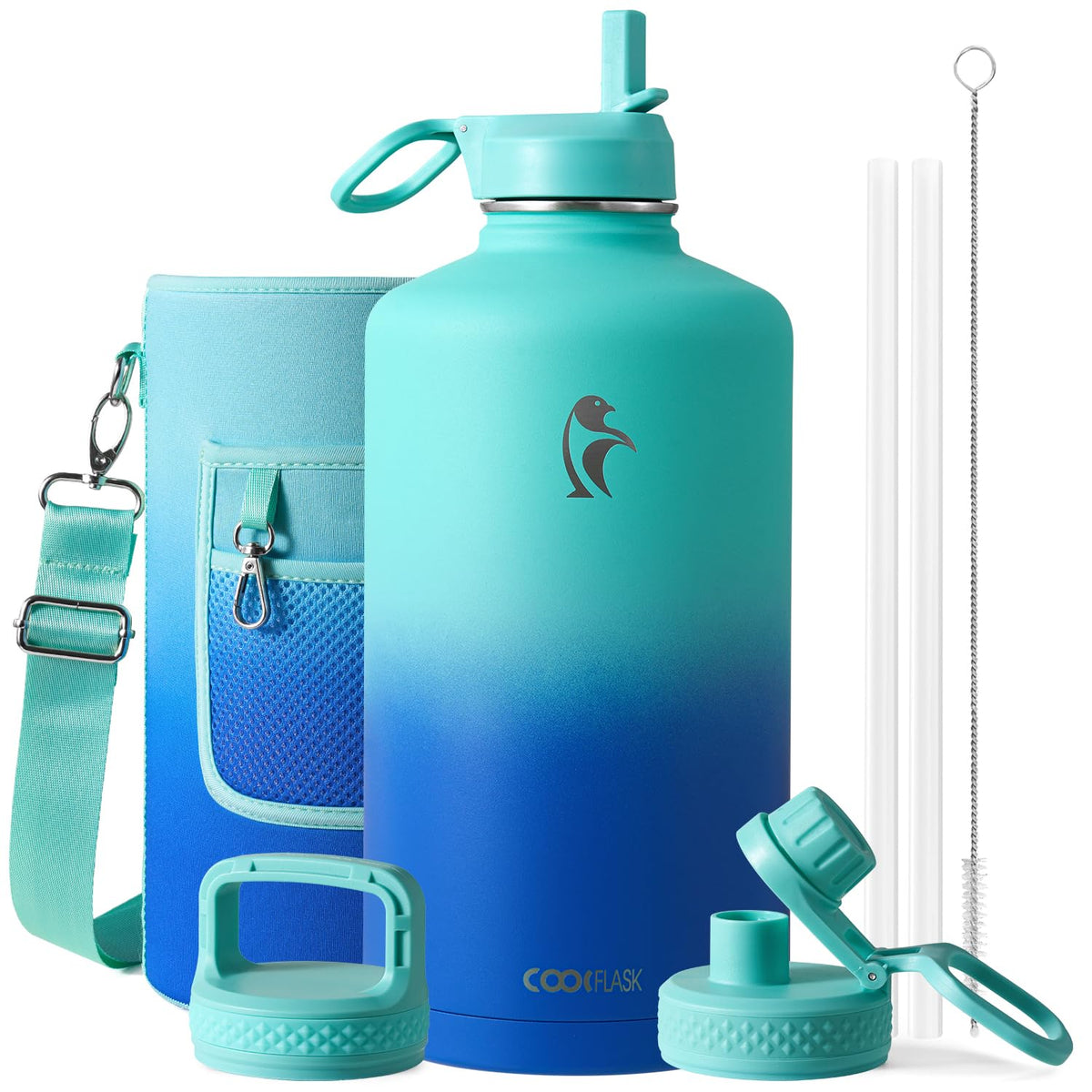 Coolflask Half Gallon Water Bottle Insulated with Straw & 3 Leakproof Lids