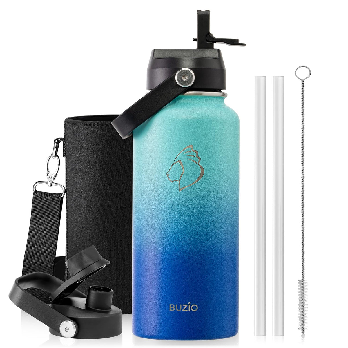 BUZIO 64 oz Insulated Stainless Steel Water Bottle with Dust-proof Lids