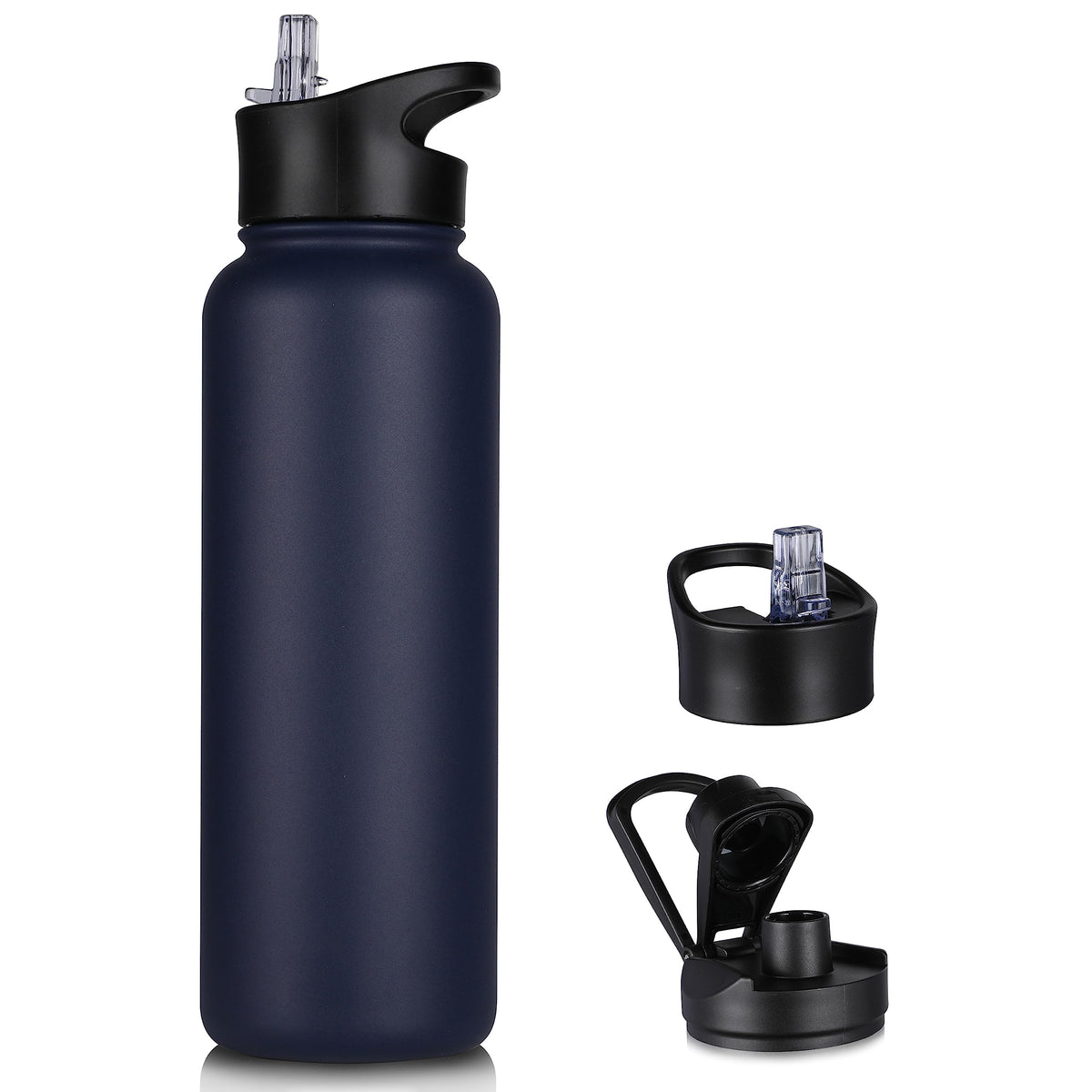 40 oz Insulated Water Bottle with Straw, Stainless Steel Sports Water Bottles with 2 Lids (Straw and Wide Mouth lid), Double Wall Vacuum, Leakproof, BPA-Free, Black