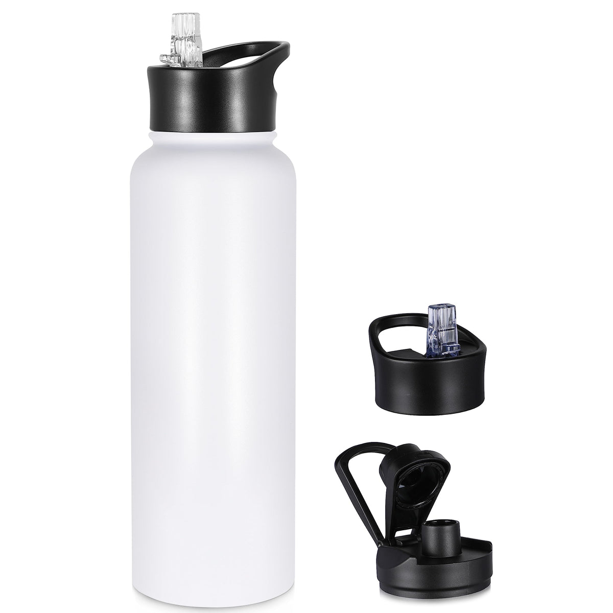 40 oz Insulated Water Bottle with Straw, Stainless Steel Sports Water Bottles with 2 Lids (Straw and Wide Mouth lid), Double Wall Vacuum, Leakproof, BPA-Free, Black