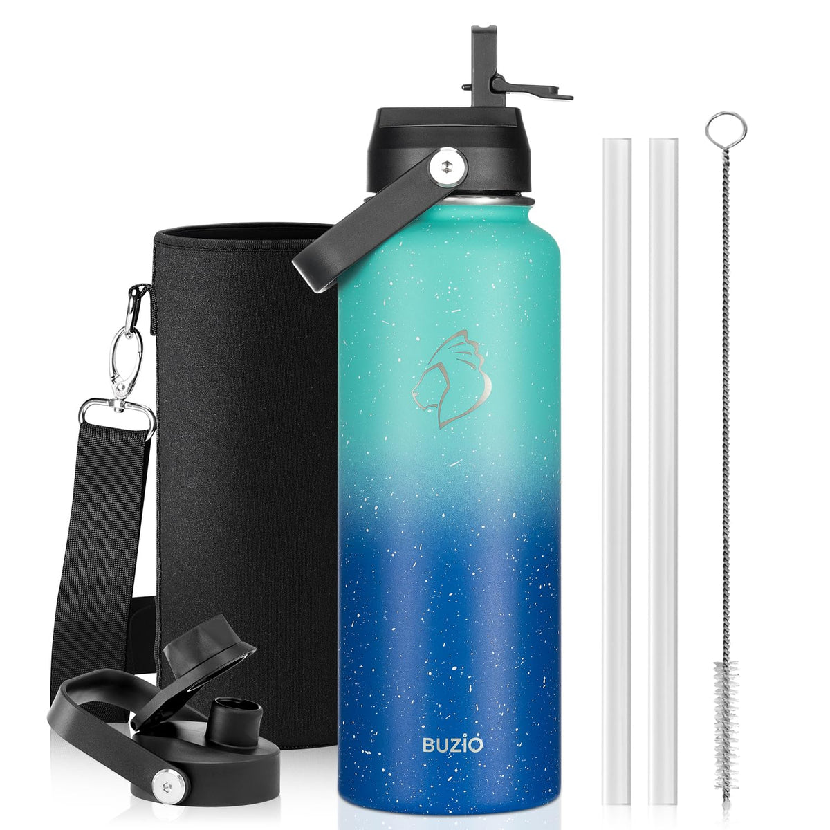 BUZIO 64 oz Insulated Stainless Steel Water Bottle with Dust-proof Lids