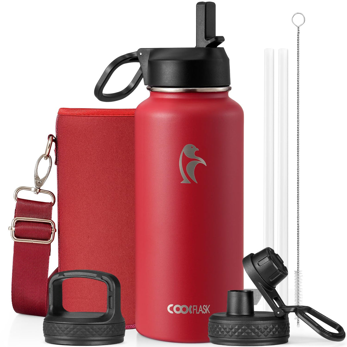 Coolflask 40 oz Water Bottle Insulated with Straw & 3 Leakproof Lids