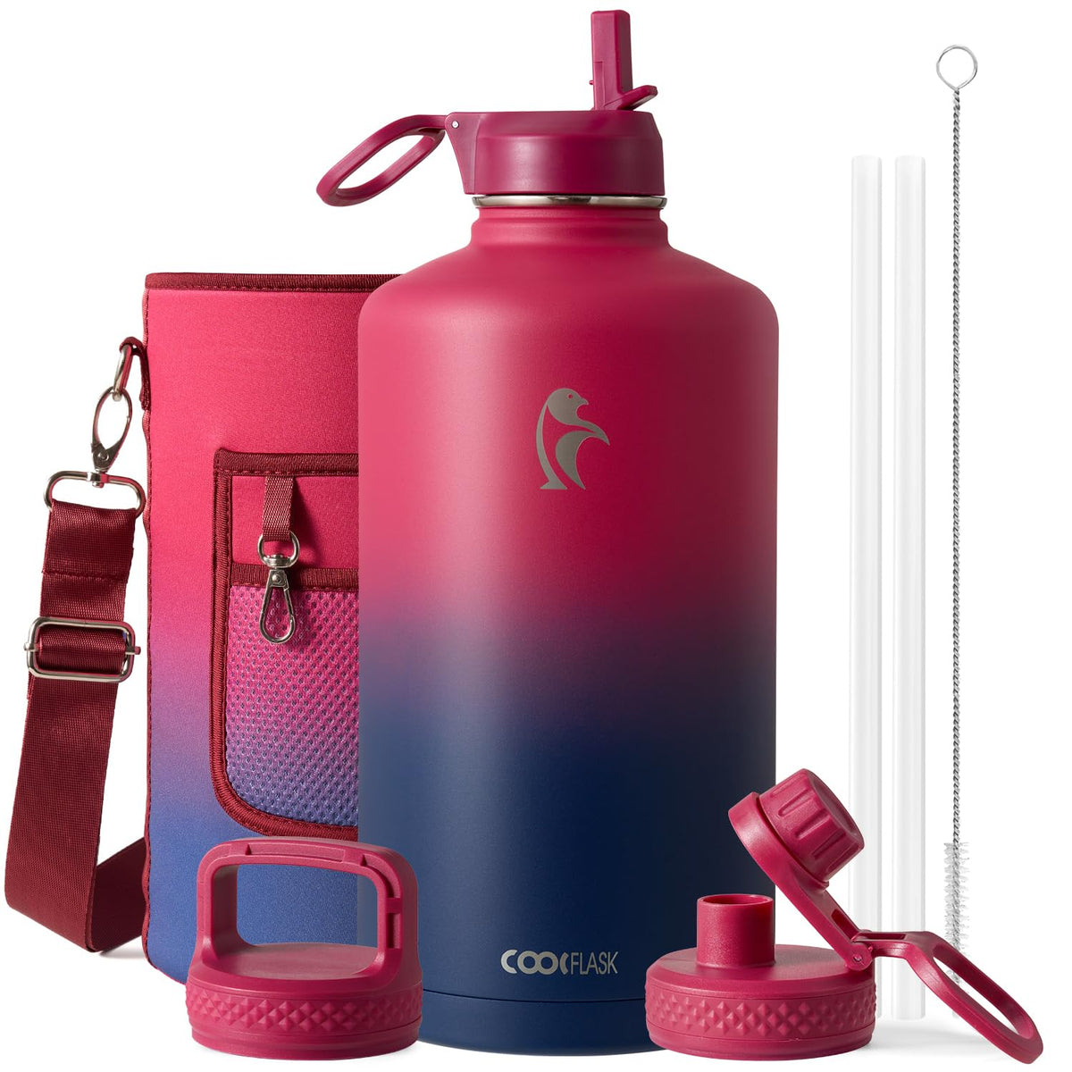 Coolflask 40 oz Water Bottle Insulated with Straw & 3 Leakproof Lids