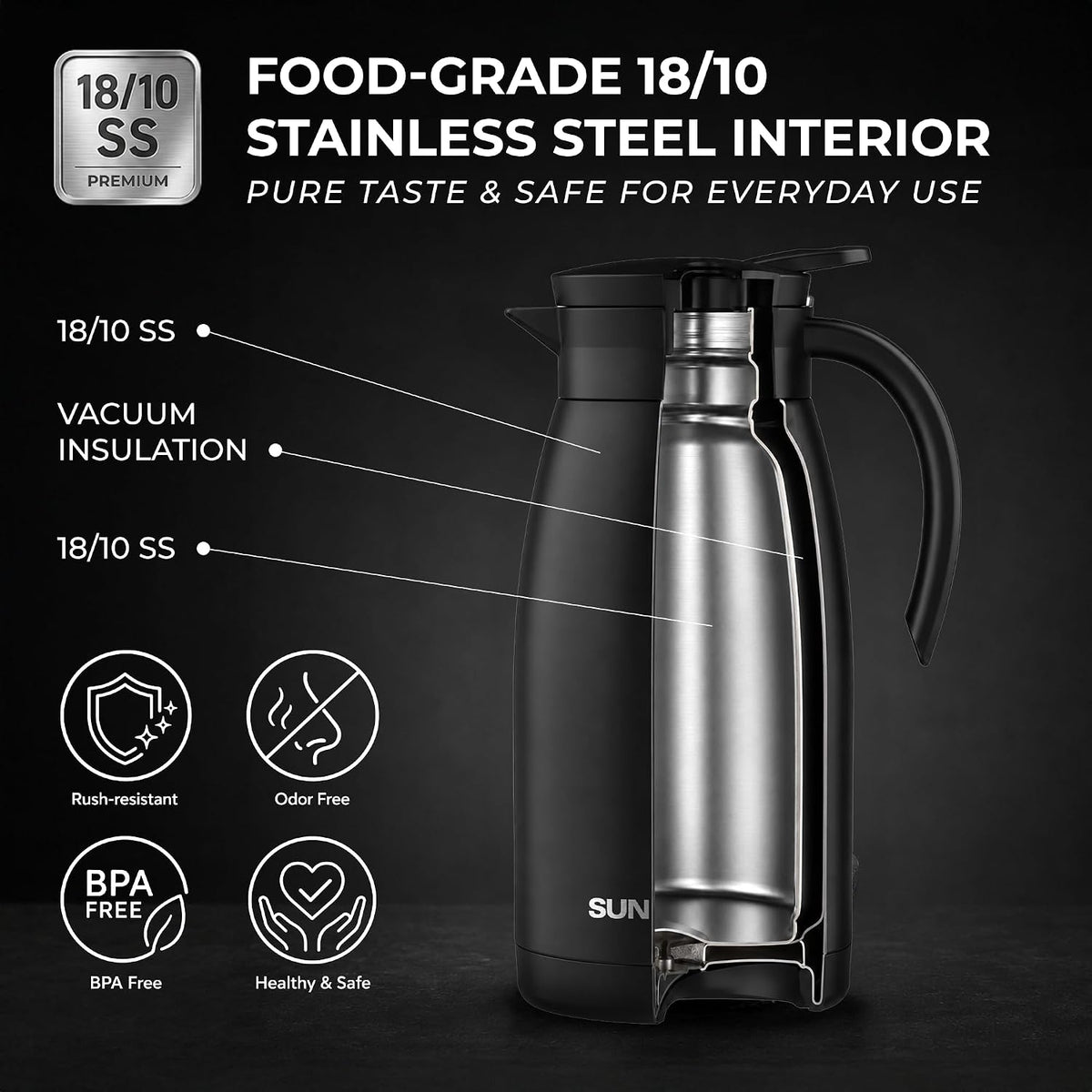 SUNHOUSE 34 Oz Thermal Coffee Carafe Insulated Stainless Steel Thermos
