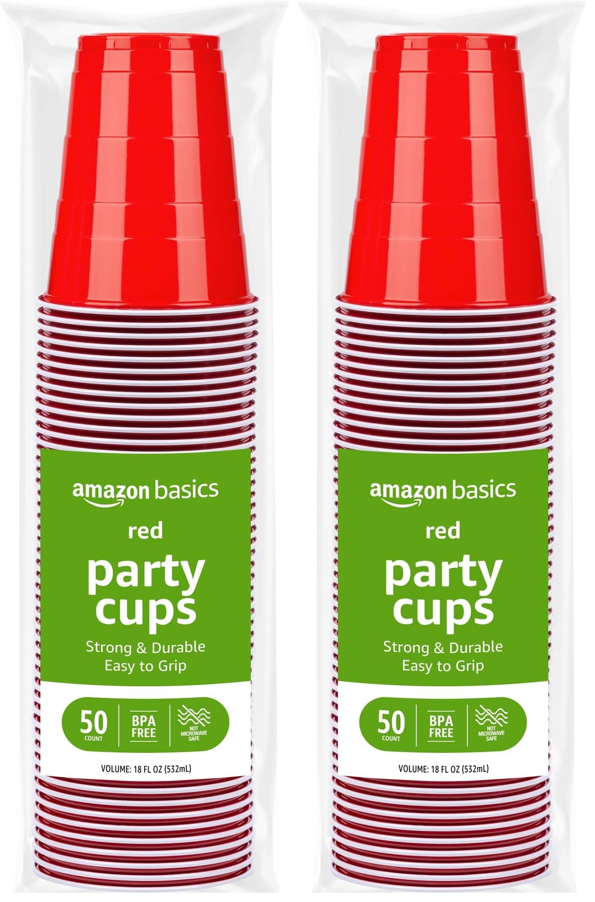 Amazon Basics Disposable Plastic Party Cups, Red, 18oz, 50 Count, Packaging May Vary