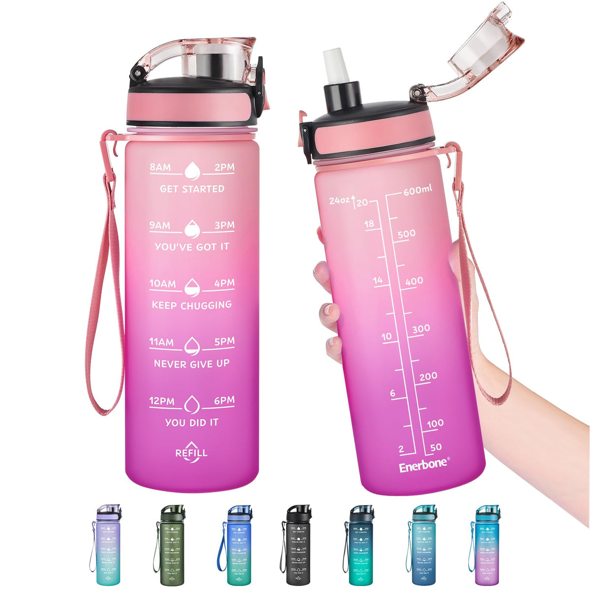 Enerbone Water Bottle, Leakproof BPA & Toxic Free, Motivational Water Bottle with Times to Drink and Straw, Fitness Sports Water Bottle with Strap for Office, Gym, Outdoor Sports