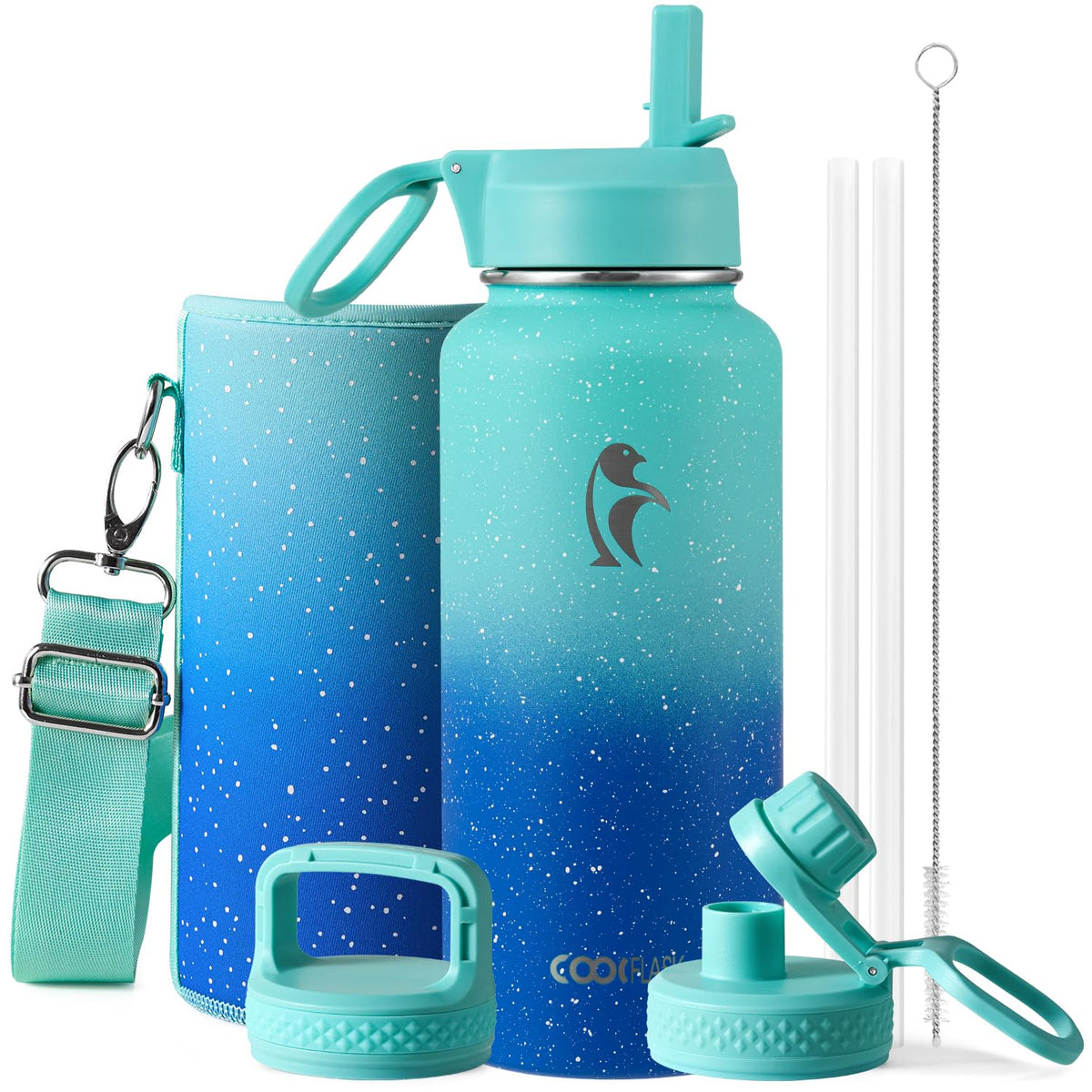 Coolflask 40 oz Water Bottle Insulated with Straw & 3 Leakproof Lids