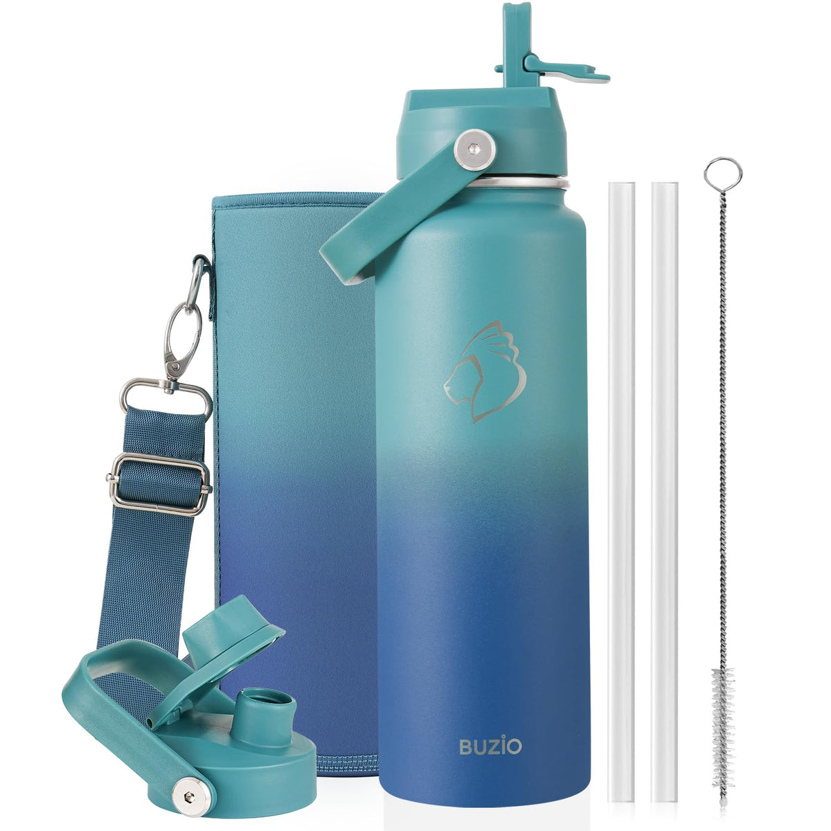 BUZIO 64 oz Insulated Stainless Steel Water Bottle with Dust-proof Lids