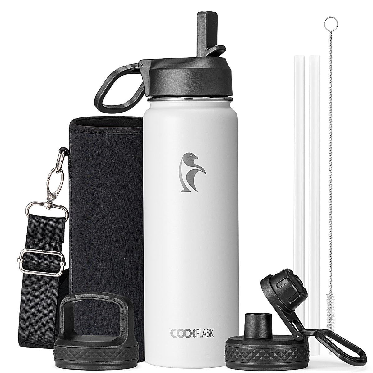 Coolflask 40 oz Water Bottle Insulated with Straw & 3 Leakproof Lids