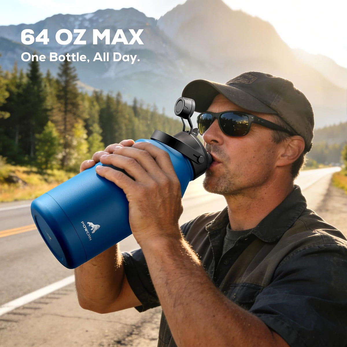 POWCAN 64 oz Insulated Water Bottle for Sports: 2-in-1 Straw & Spout Lid, Leakproof, Carrier Bag, Shoulder Strap, Keep Cold 48H, BPA-Free, Half Gallon Metal Water Jug for Gym, Travel, Gift (Midnight)