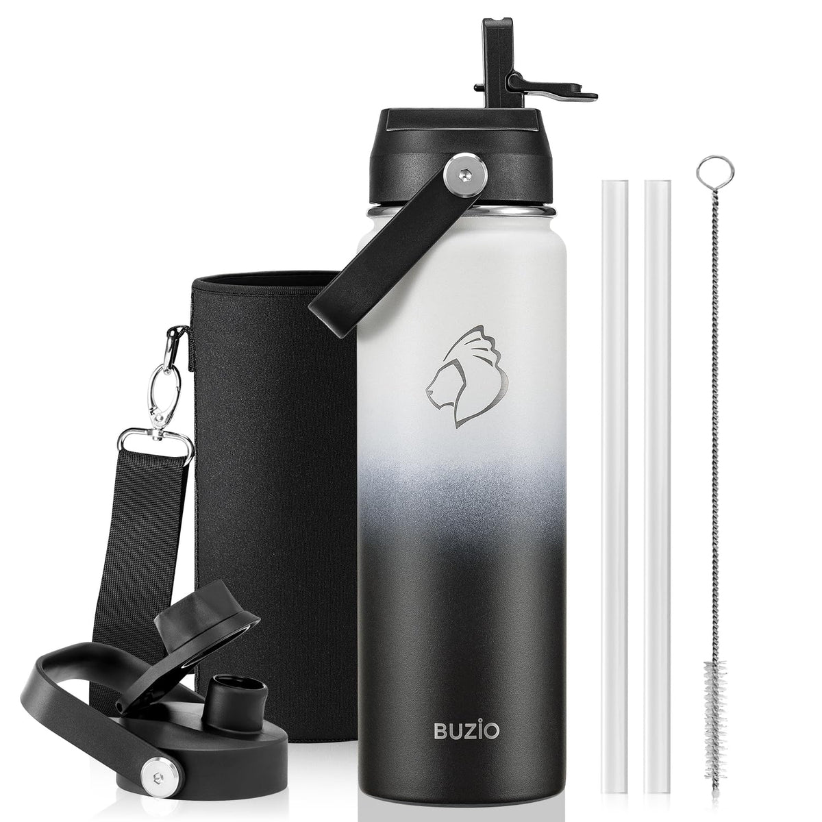 BUZIO 64 oz Insulated Stainless Steel Water Bottle with Dust-proof Lids