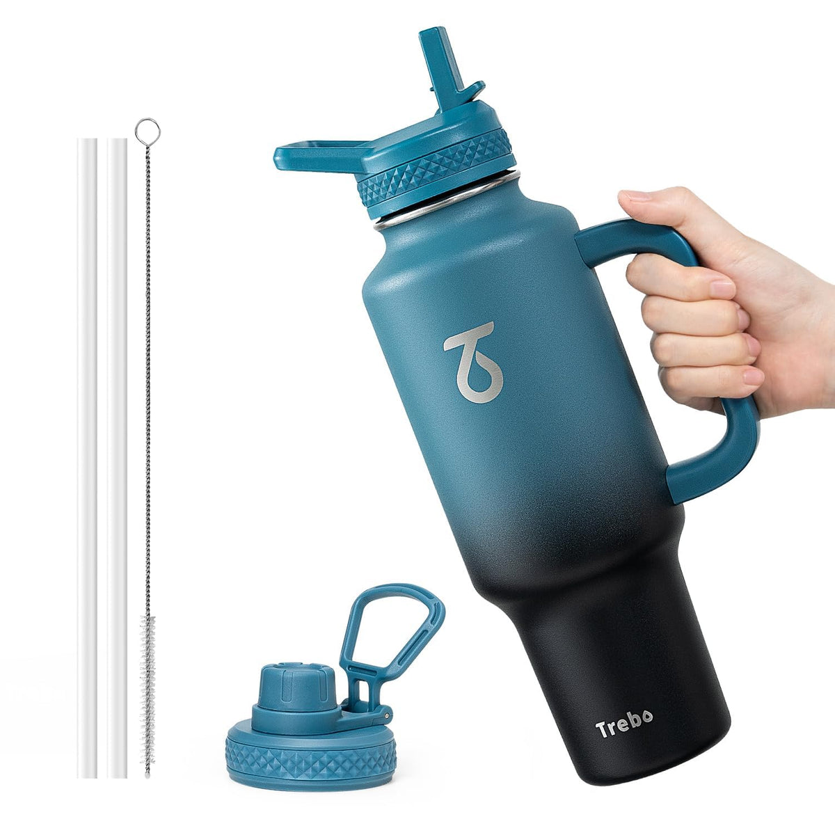 Trebo 40 oz Water Bottle Insulated Fit in Any Car Cup Holder with 2 Lids